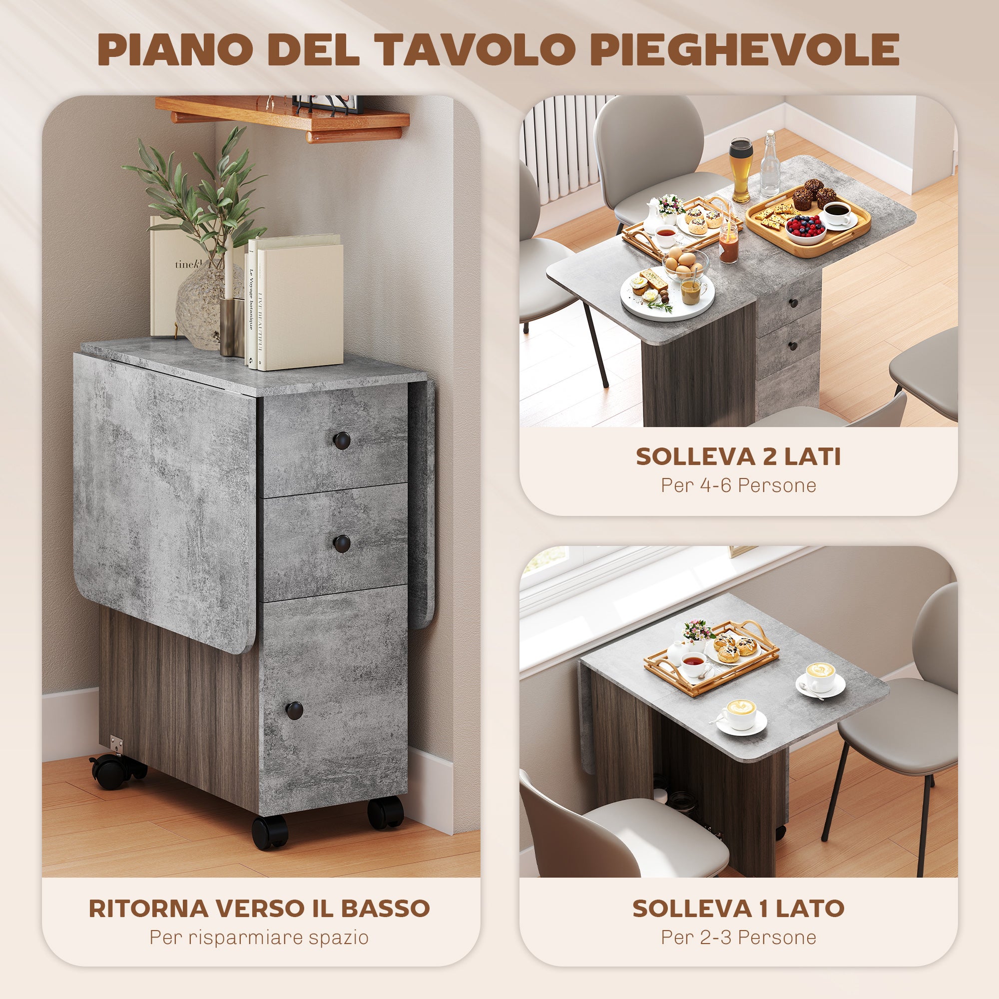 HOMCOM Tavolo Pieghevole con 2 Cassetti e Armadietto, 6 Rotelle e Freni, 120x60x76.5 cm, Grigio Legno e Roccia - 5