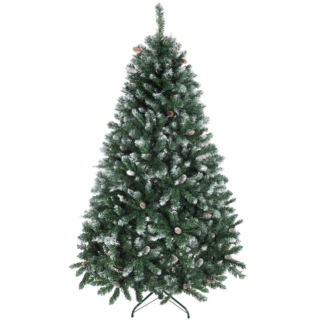 HOMCOM Albero di Natale Innevato Alto 180 cm con 910 Rami e Pigne, Base in Metallo Pieghevole, Verde