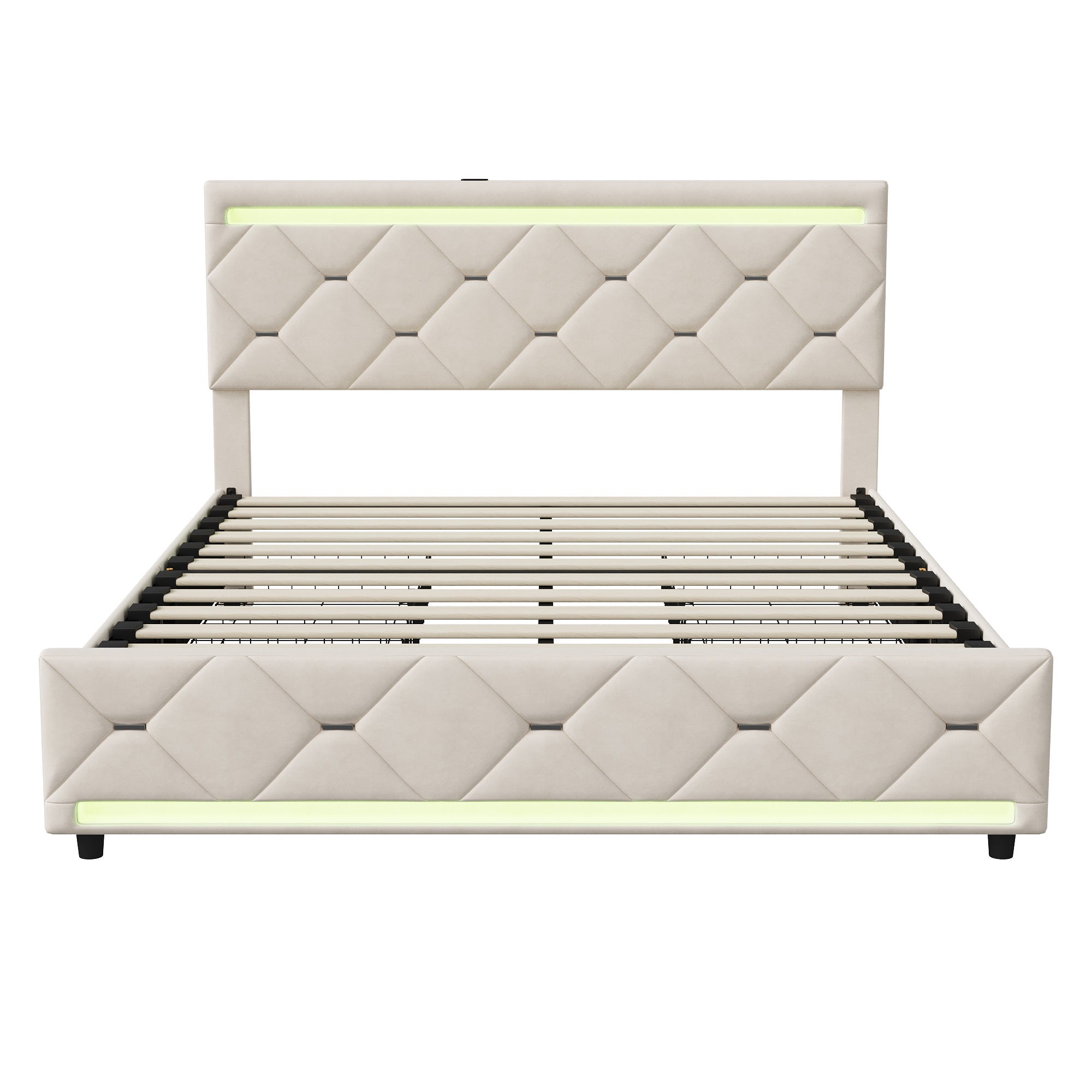 Lit 140x190 cm avec LED et 4 tiroirs, cadre de lit double avec sommier à lattes, lit adulte, tissu en velours, 140x190 cm, blanc cassé - 5
