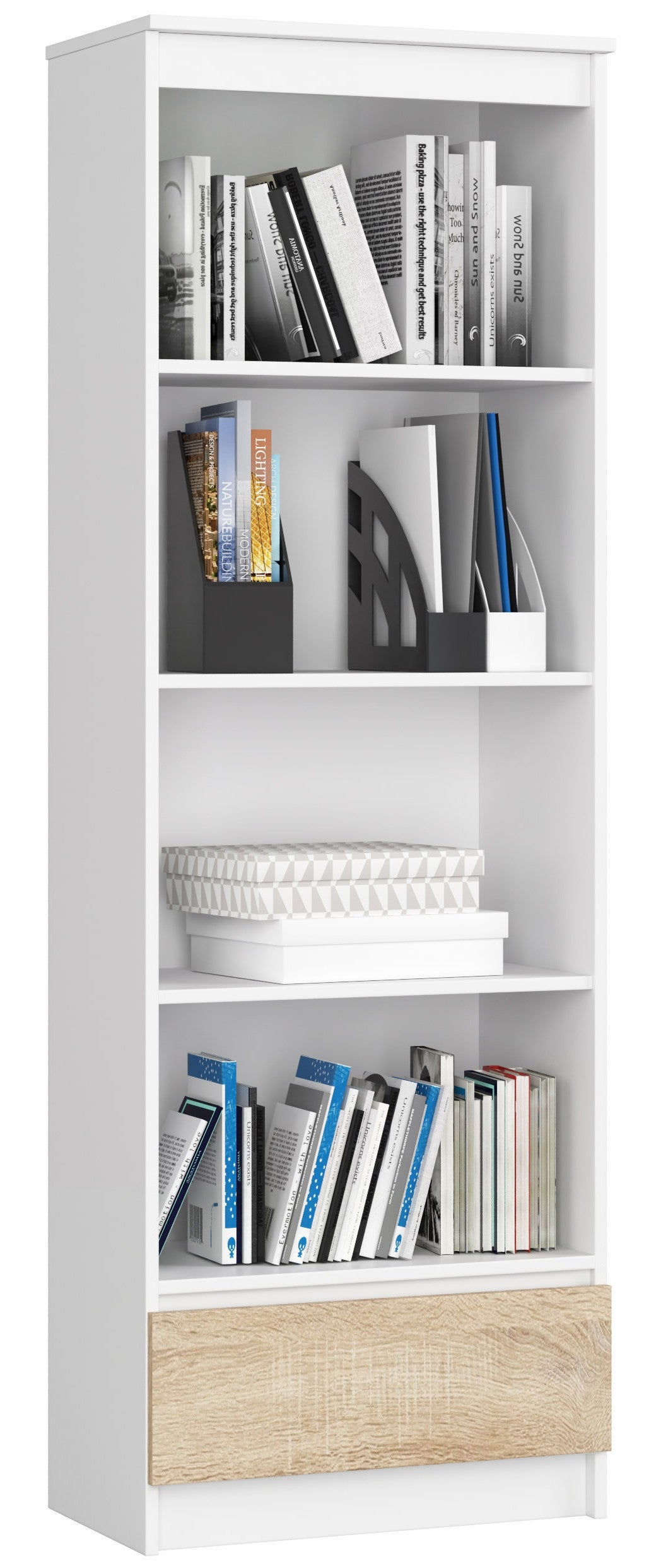 Regał AKORD R60 Biały 60 cm 1 szuflada kolor Dąb Sonoma mat 4 półki 60x35x180 cm