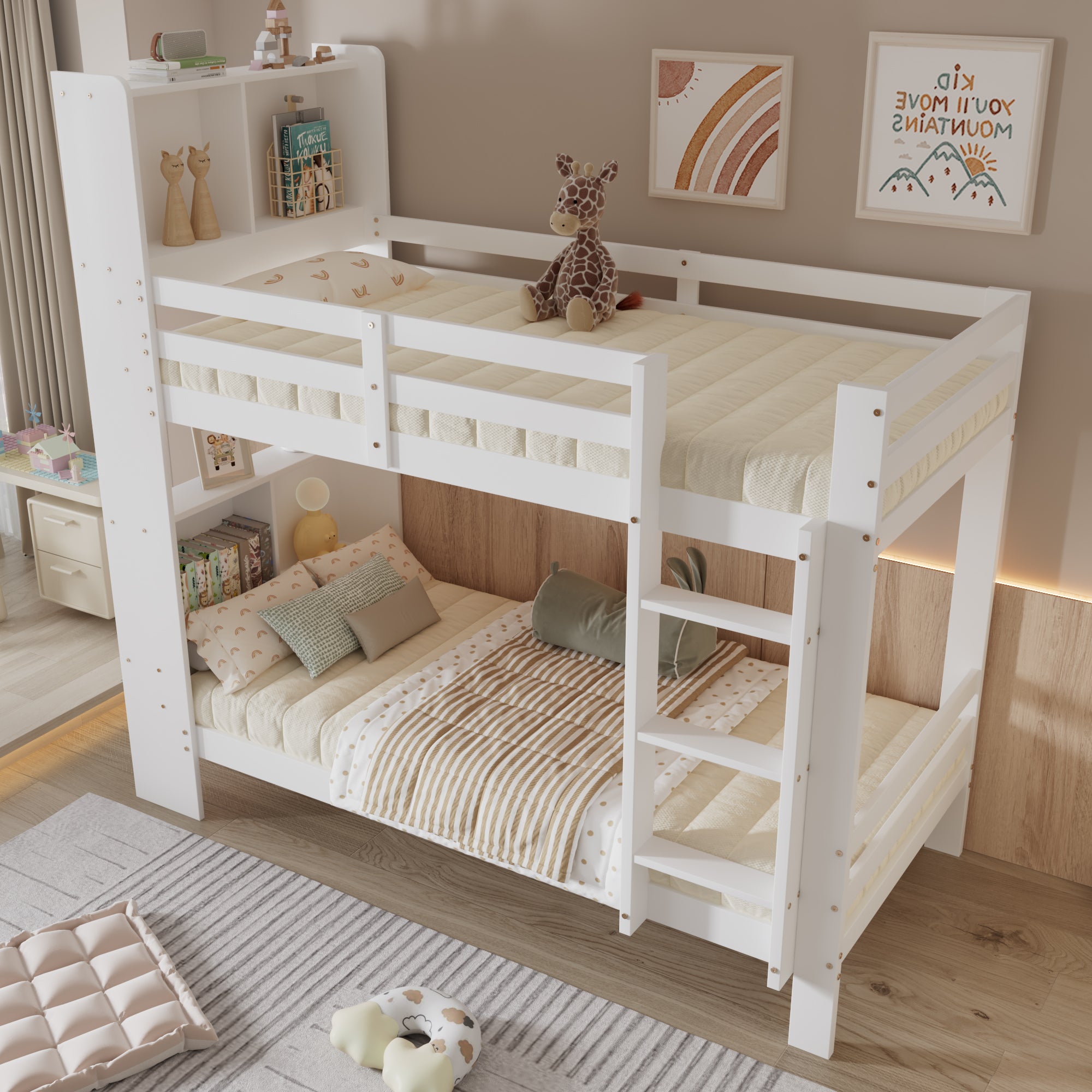 Łóżko piętrowe z zagłówkiem ze schowkiem - 2 x 90 x 200 cm - lite drewno - kolor biały