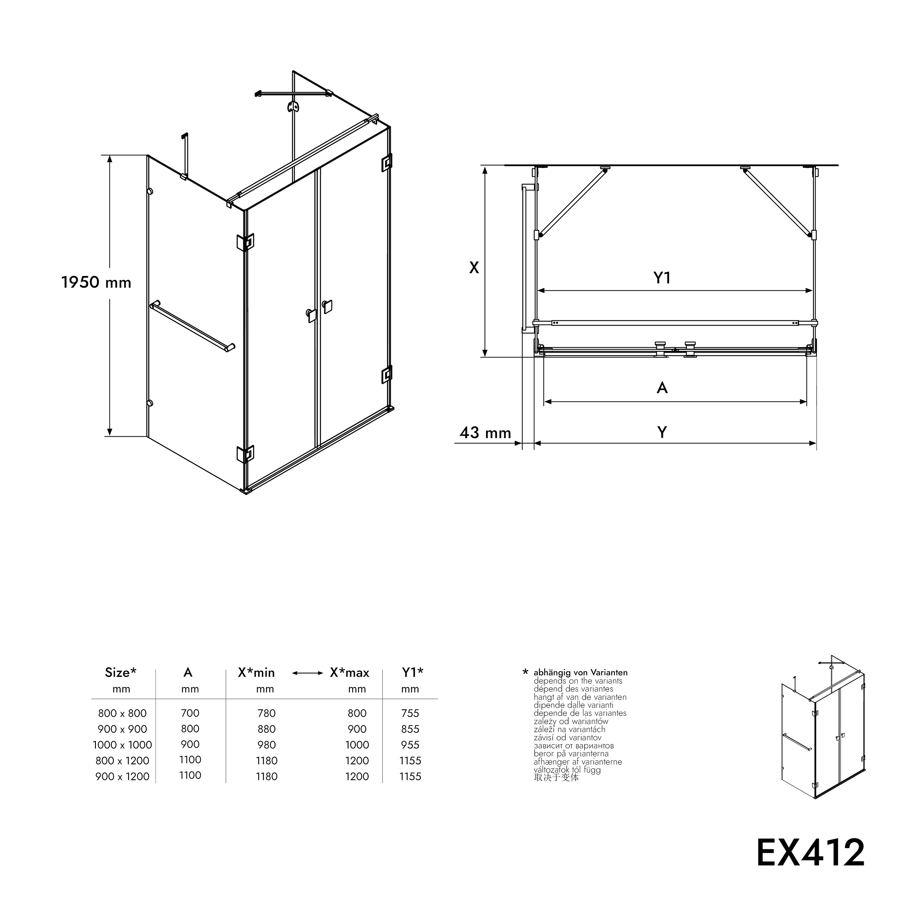 Bernstein Kabina prysznicowa EX412 kształt U - szkło ESG 8mm - 90x90 cm - 6