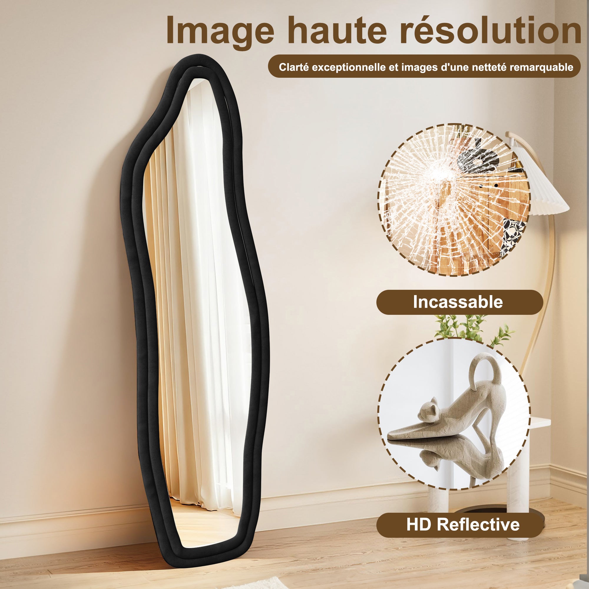 Miroir sur pied 160x50 cm, COZY, Miroir grand modèle, Miroir mural avec velours frame, verre trempé, pour Chambre, Noir - 4