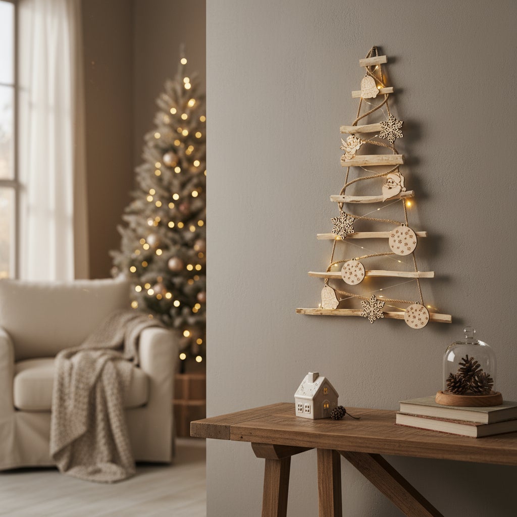 BOGATECO Sapin de Noël fait main de 95 cm de haut avec décorations | lumières LED | Panneaux en bois reliés par une corde de jute - 7