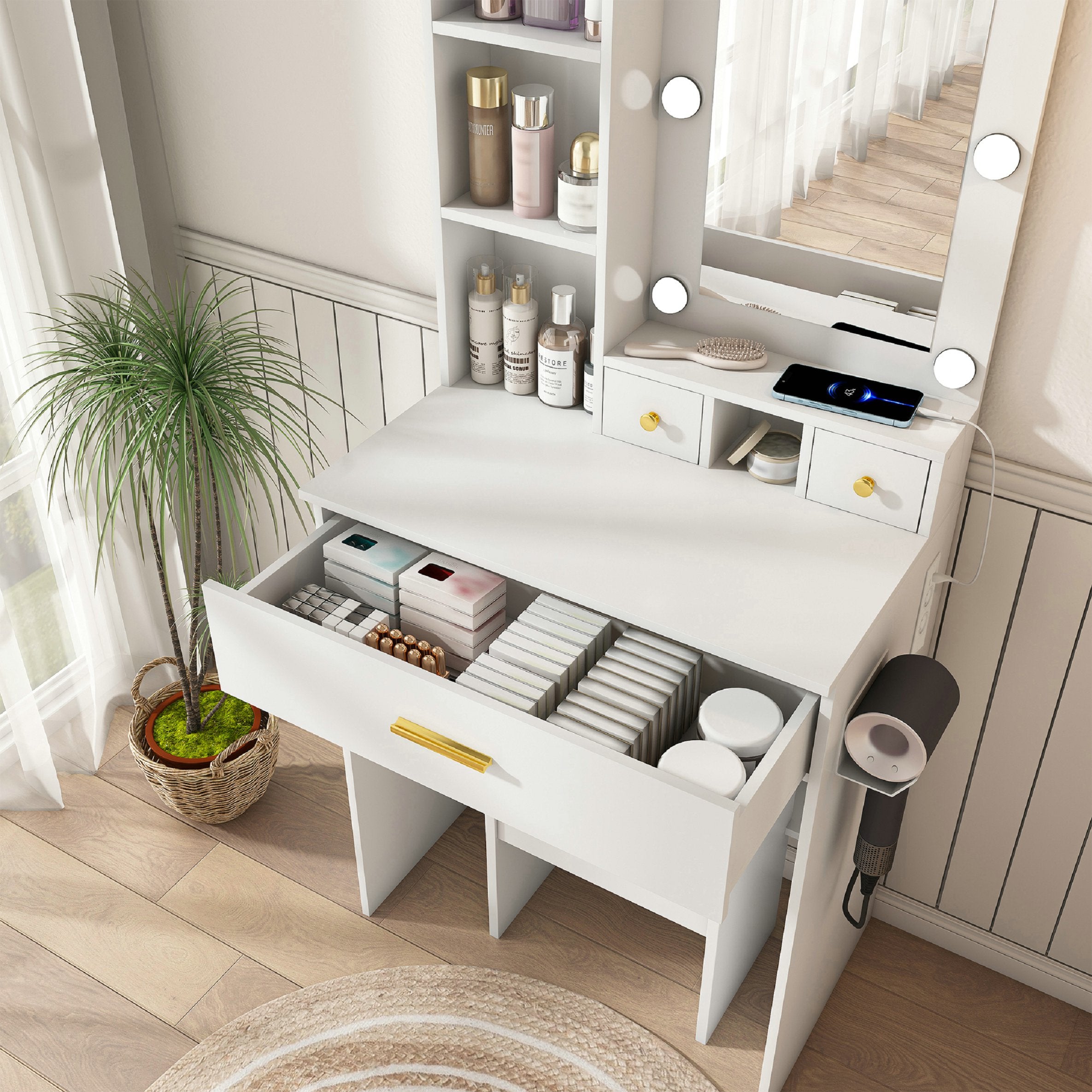 Petite Coiffeuse avec Miroir LED Réglable, Prise Intégrée, Support et Tabouret Rembourré - Table avec Tiroirs, Blanc, 60x131.5x38cm - 3