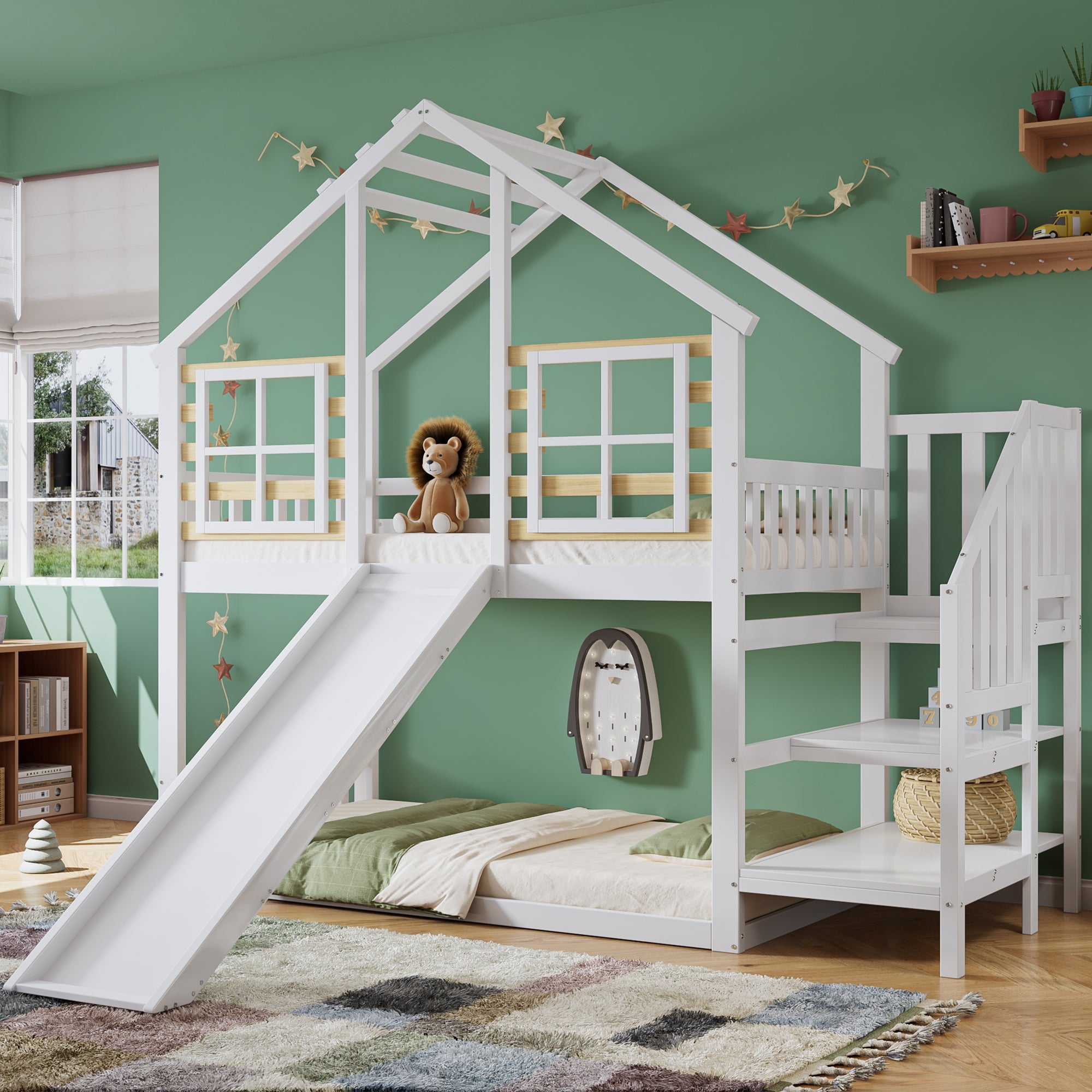 Lit superposés 2 x 90 x 200 cm avec escalier et toboggan - Bois massif et MDF - Blanc (sans matelas) - 9