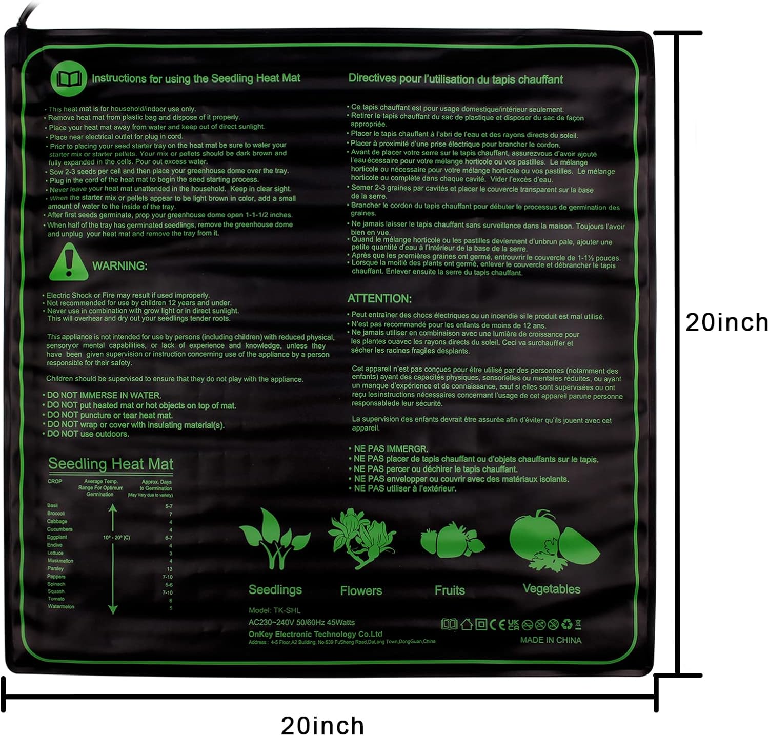 Mata grzewcza do sadzonek 50 x 52 cm (20 x 20 cali) – równomierna temperatura – trwała i wodoodporna – idealna do kiełkowania, szklarni i roślin - 2