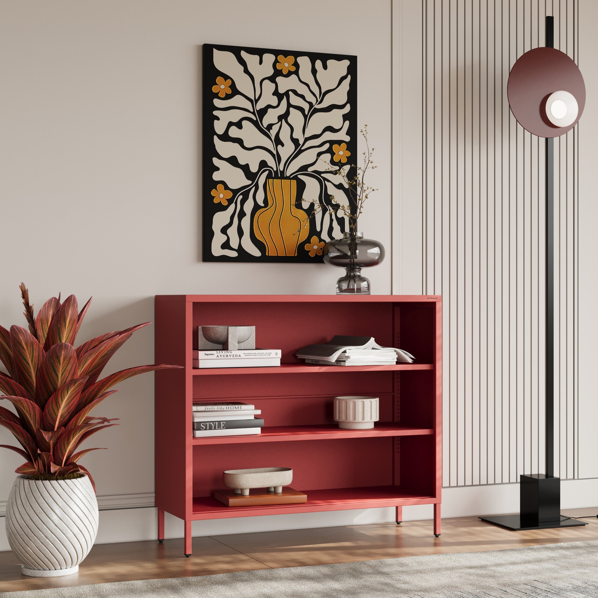 Estantería baja de metal – LUCA | Mueble de almacenamiento infantil, salón, estilo industrial, pequeña biblioteca | 100 × 90 × 35 cm | Roja - 4