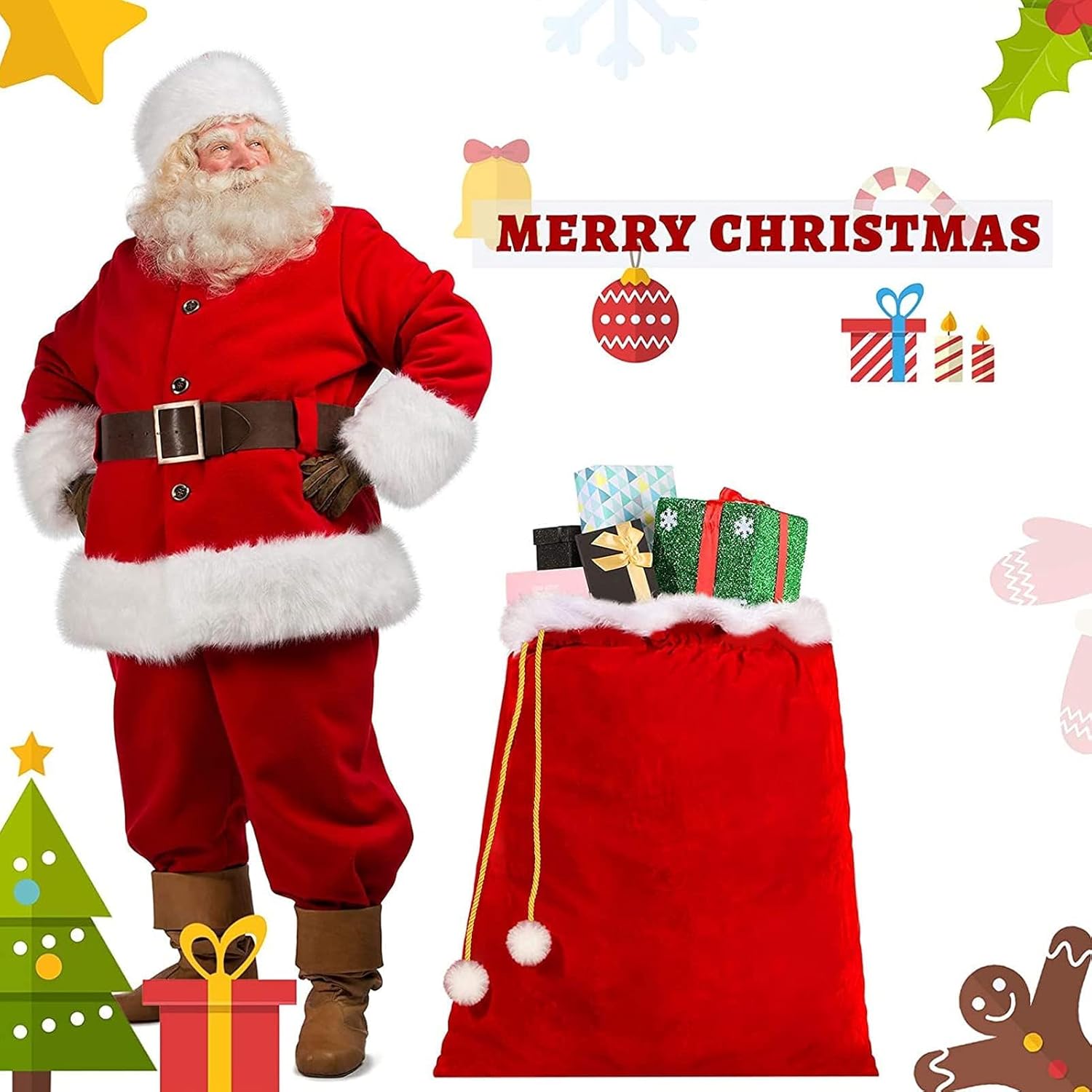 Saco de Papá Noel de terciopelo, 70 x 50 cm, bolsa de regalo prémium para decoración navideña - 6