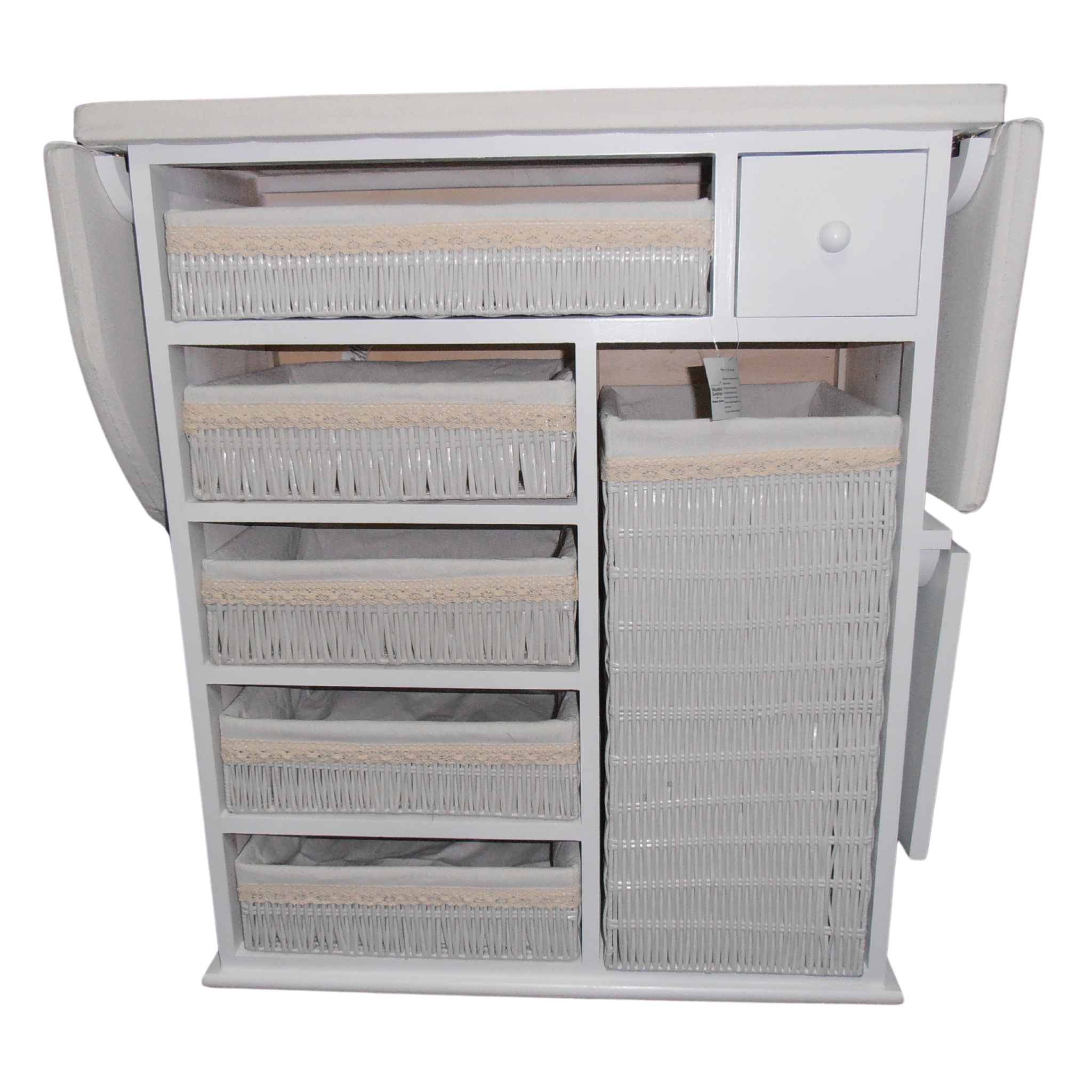 Meyvaser – biała szafka prasowanka Estoril z 5 tacami, dużym koszem na pranie i kółkami