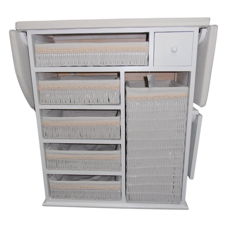 Meyvaser – biała szafka prasowanka Estoril z 5 tacami, dużym koszem na pranie i kółkami