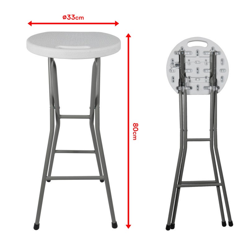 Tabourets haut pliant X2 - Hauteur 80cm - Tabouret de bar pliant - Tabouret mange debout - Siège résine Structure Acier - Blanc - 2
