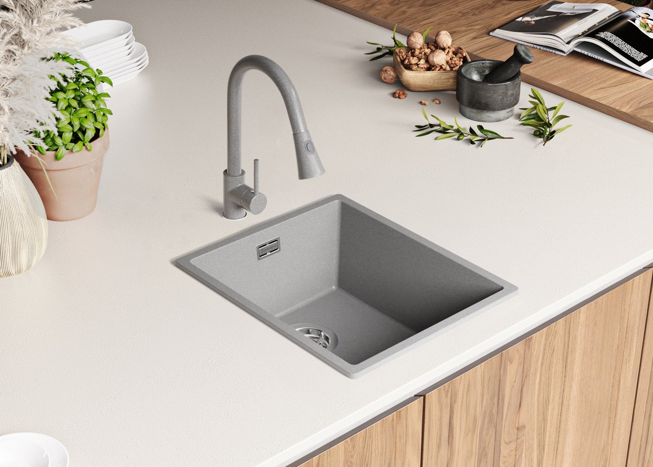 Evier Cuisine en Granit Gris 41x47cm, Lavabo 1 bac + Kit de Vidage, Évier à Encastrer au meuble 45cm - London Slim PRIMAGRAN - 4
