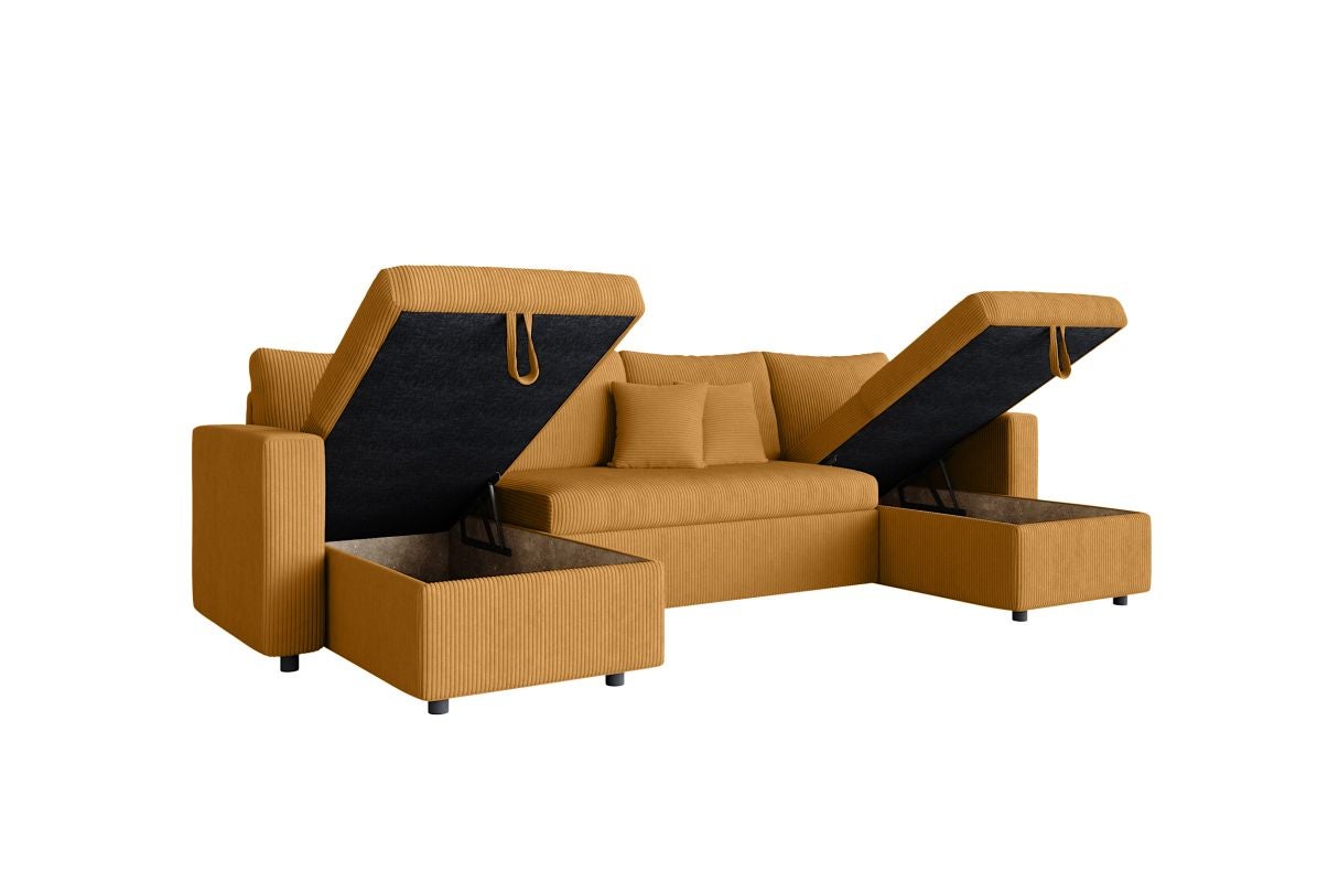 Loungitude - Canapé d'angle panoramique MARIA convertible avec 2 coffres en velours côtelé - Jaune - 6