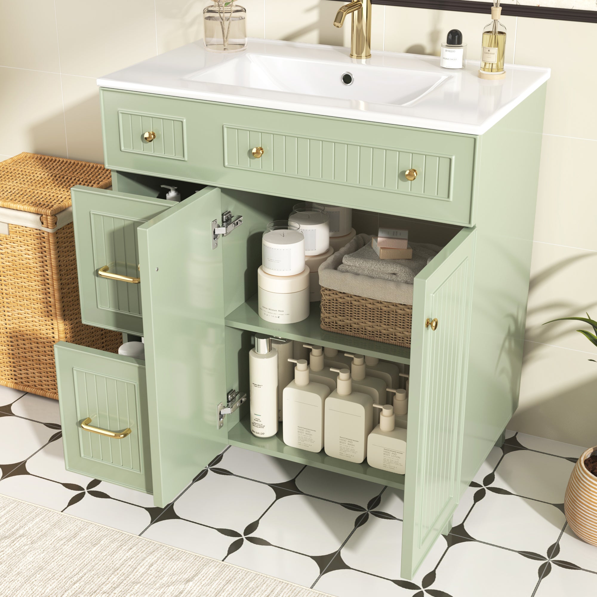 Mobile bagno con lavabo in ceramica - con 2 ante e 2 cassetti - verde (rubinetto non incluso) - 3