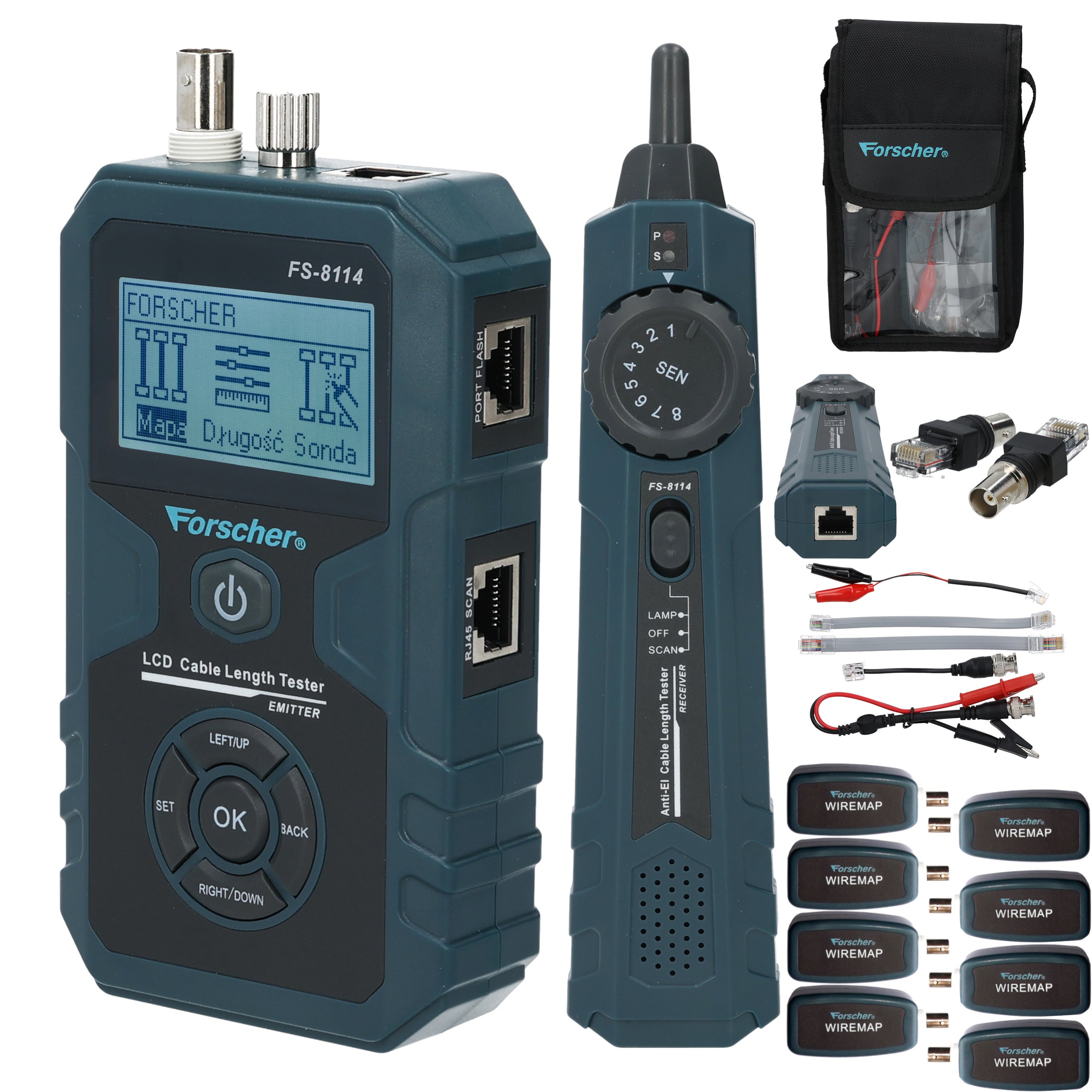 FORSCHER FS8114 TESTER LAN SZUKACZ PAR PRZEWODÓW RJ45 PoE + 8 TERMINATORÓW