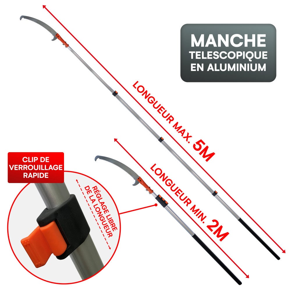 Scie sur perche d'élagage télescopique 2 à 5 mètres - Scie à Élaguer - Manche Aluminium - Légère - Lame Acier Tranchant - 2
