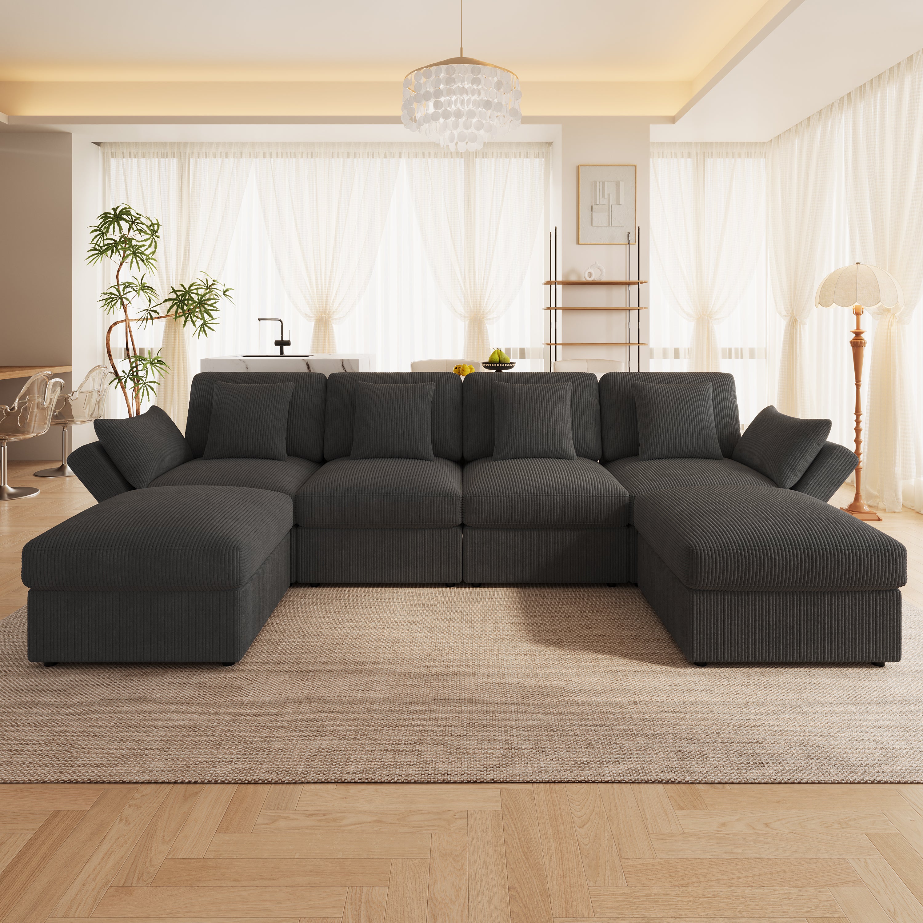 Narożnik 4-osobowy z regulowanymi podłokietnikami i 2 wyjmowanymi pufami - 290 x 159,5 x 89 cm - Tkanina sztruksowa - Szary - 3