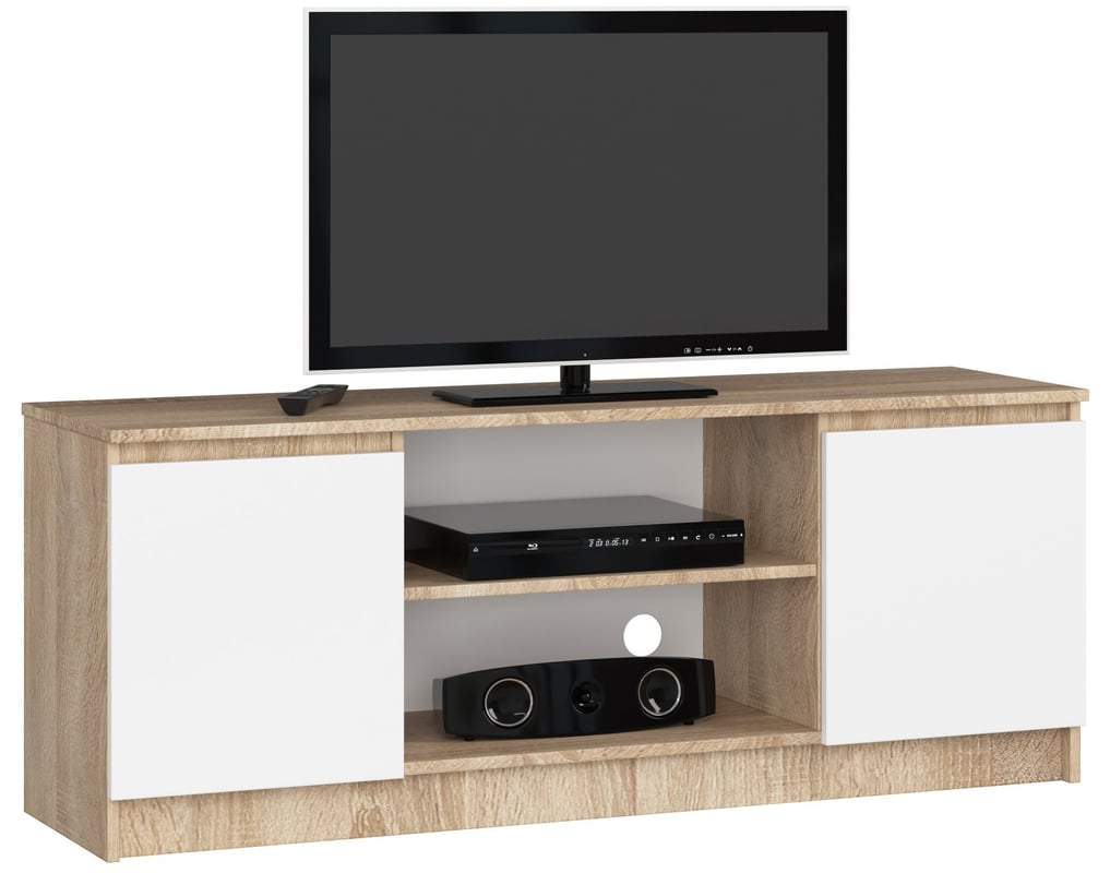 Szafka RTV AKORD Dąb Sonoma 140 cm 2 drzwi kolor Biały mat 2 półki 140x40x55 cm