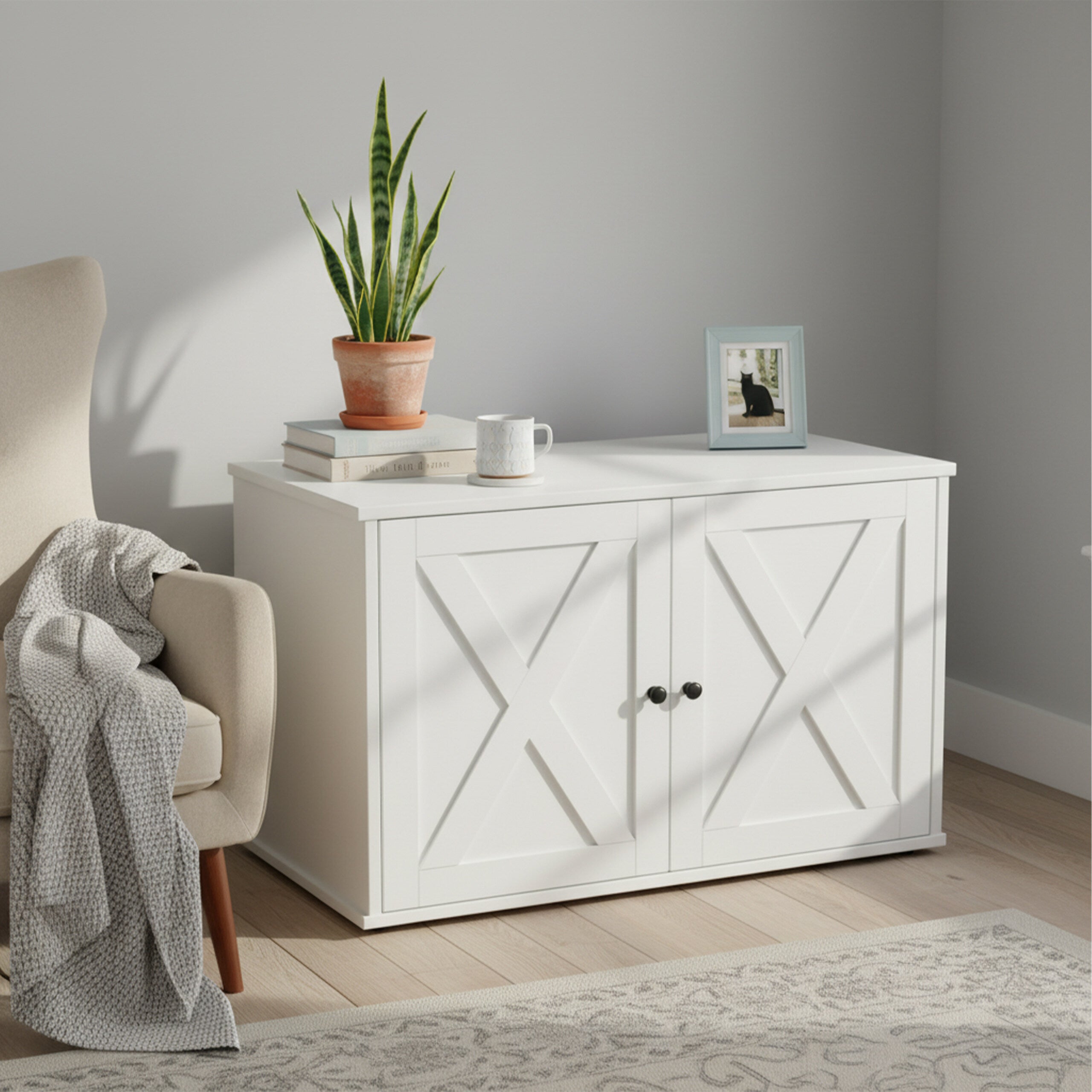 Armário para caixa de areia para gatos com divisória amovível e entrada lateral, MDF branco, 50 x 80 x 53 cm, Relaxdays - 5