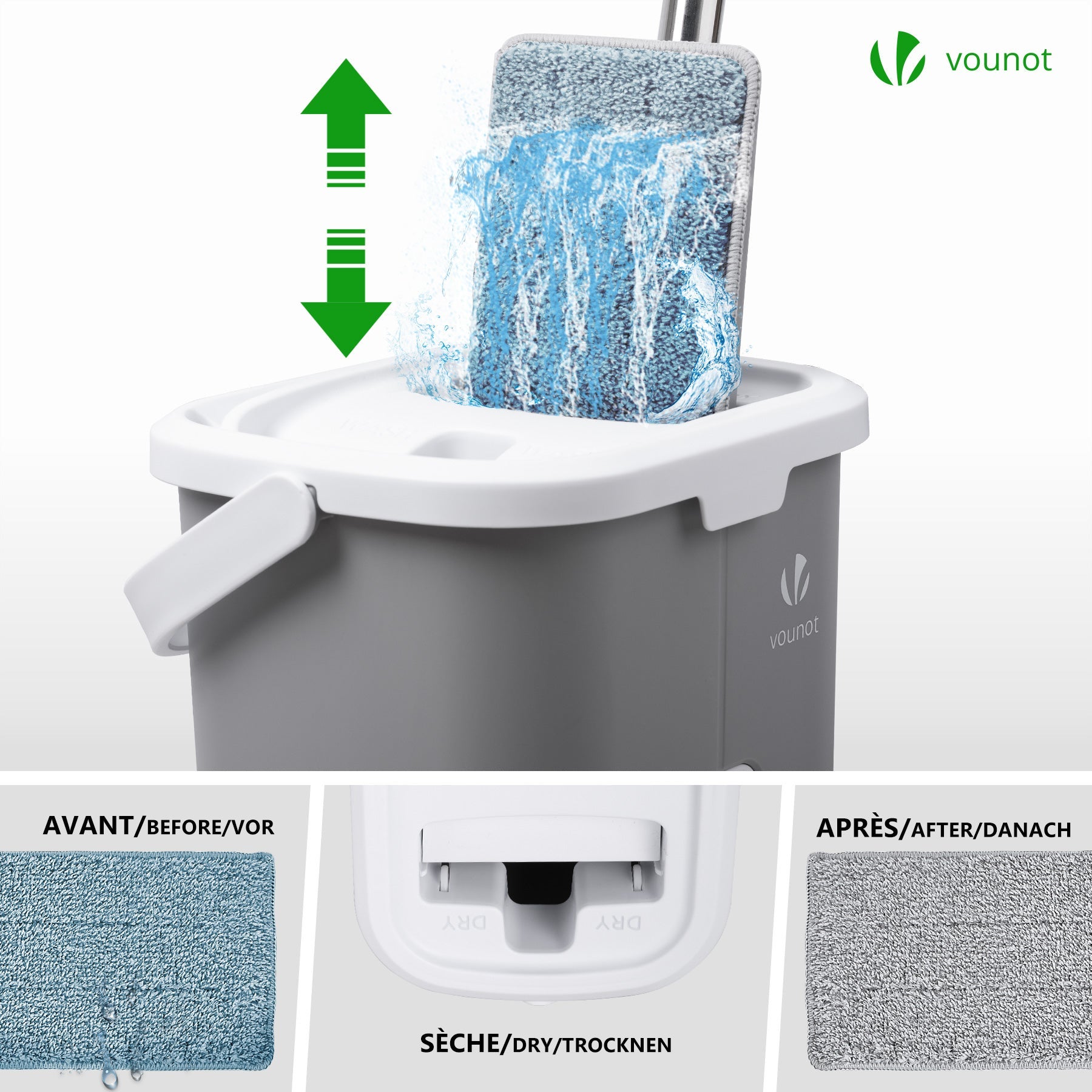 Balai plat microfibre avec seau essoreur auto-lavage double compartiment - 6 serpillères réutilisables - gris - VOUNOT® - 3