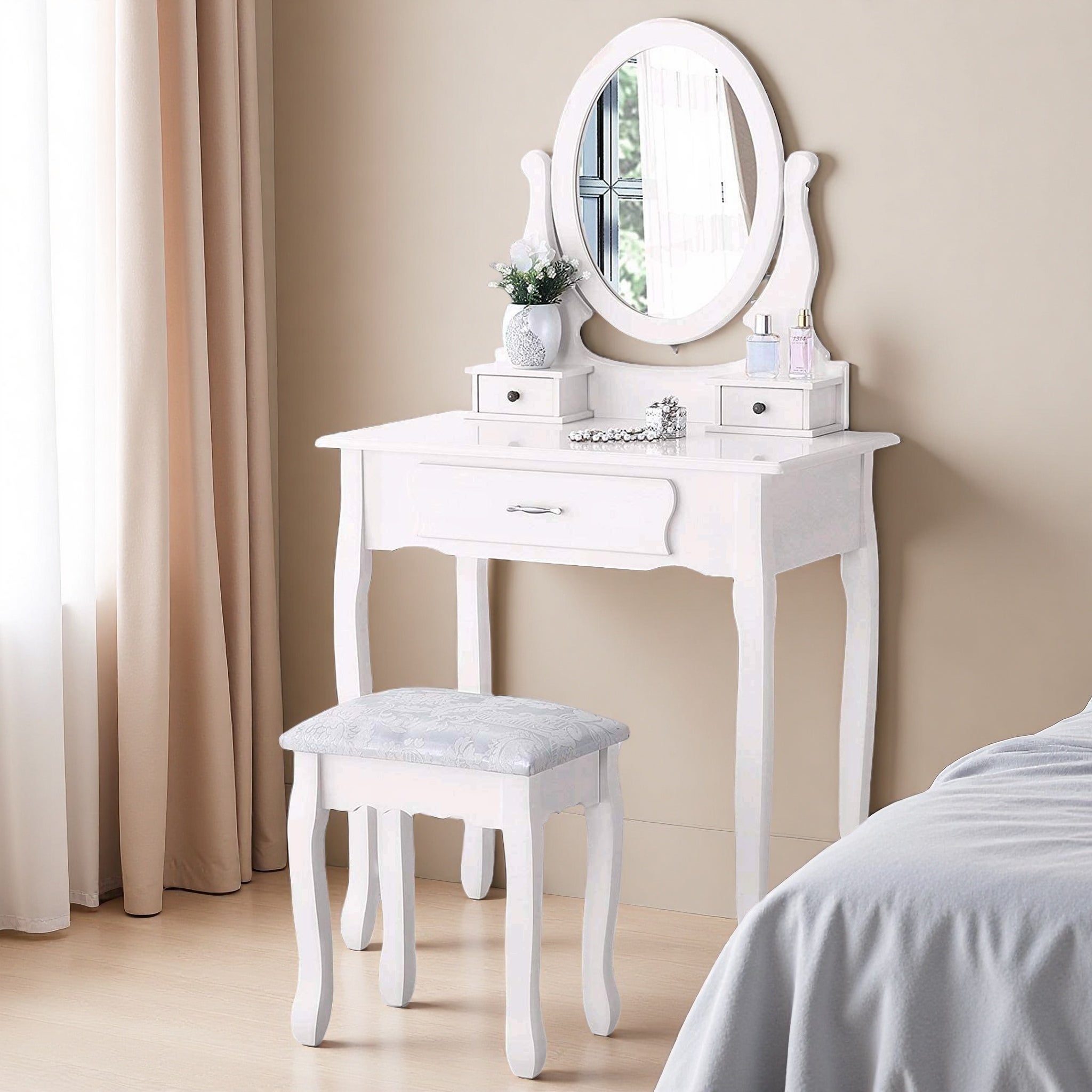 Coiffeuse avec miroir et tabouret, 3 tiroirs, miroir pivotant à 360°, style rétro-luxe, matériau MDF, blanc - 3