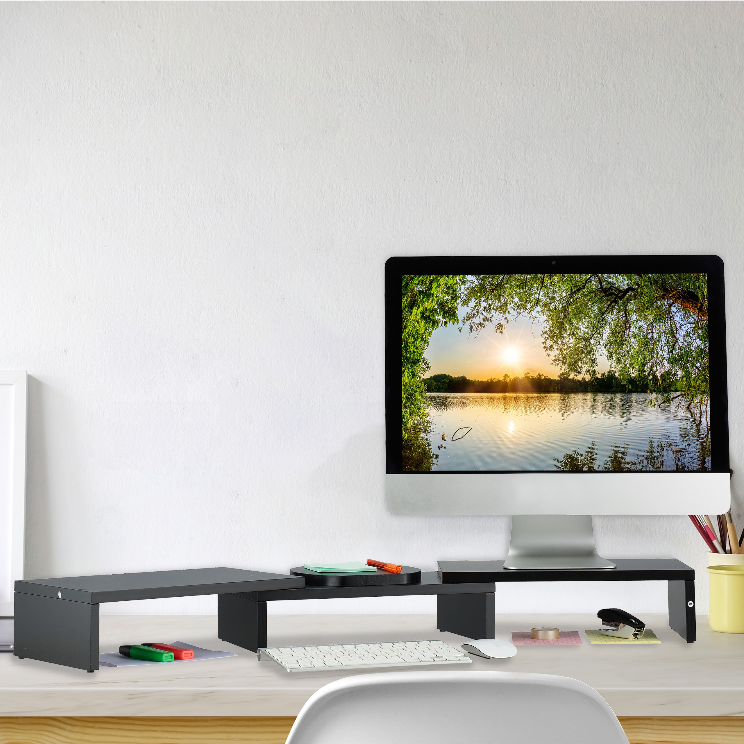 Rehausseur Tv A Poser Sur Meuble Relaxdays Support Pour Moniteur, En Bambou, Rehausseur D'écran Avec 2 Monitor Stand