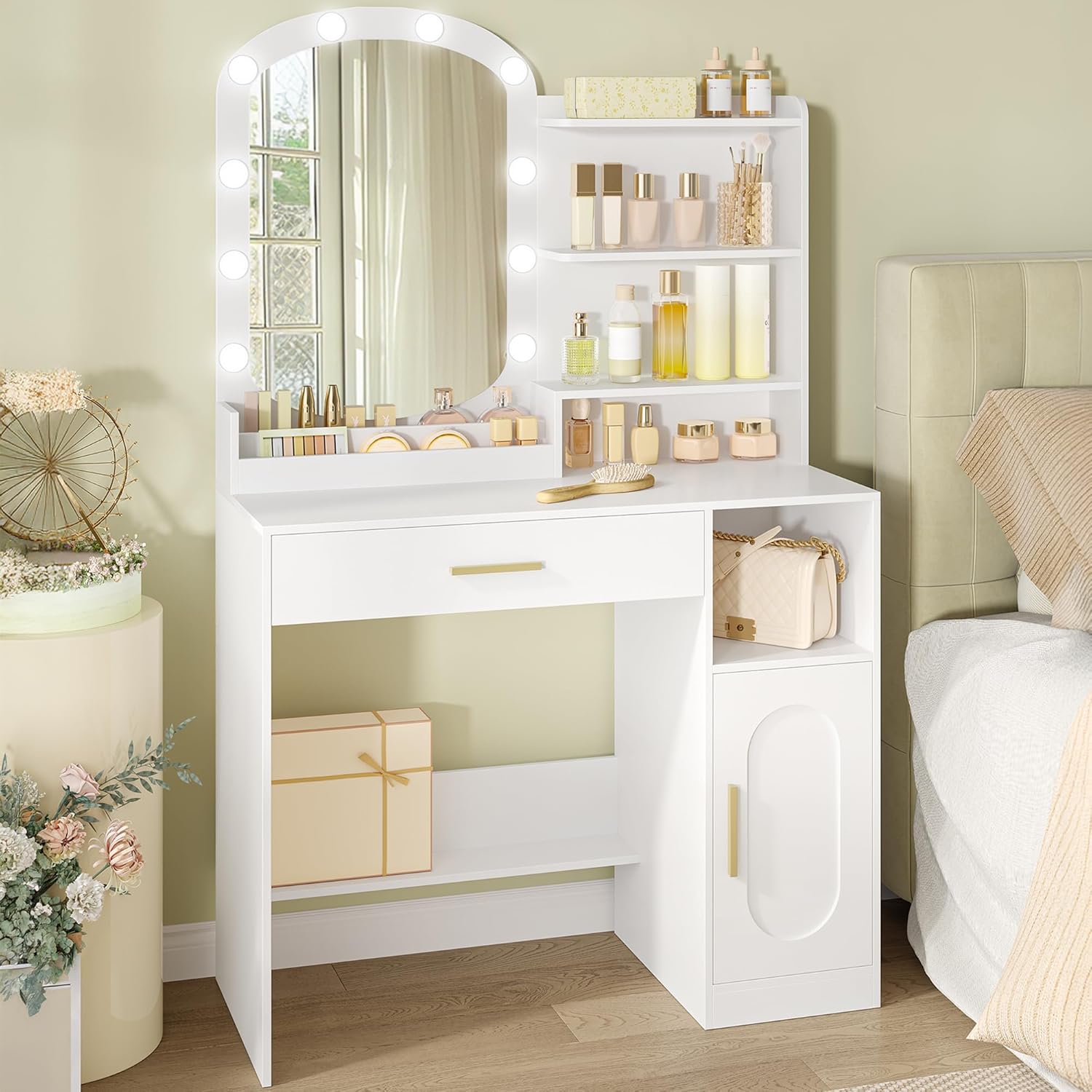 Coiffeuse avec Miroir Ovale, Coiffeuse avec Miroir LED, Luminosité Réglable, Table de Maquillage avec Tiroir, Armoire et Étagères Ouverts, Blanc - 2
