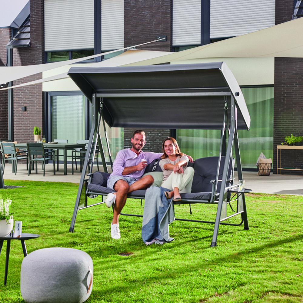 HOME DELUXE - Balancelle DESCANSO Gris - 3 places, L/H/L 115 cm x 195 cm x 198 cm, avec porte-boissons, coussins d'assise et de dossier I Chaise - 2