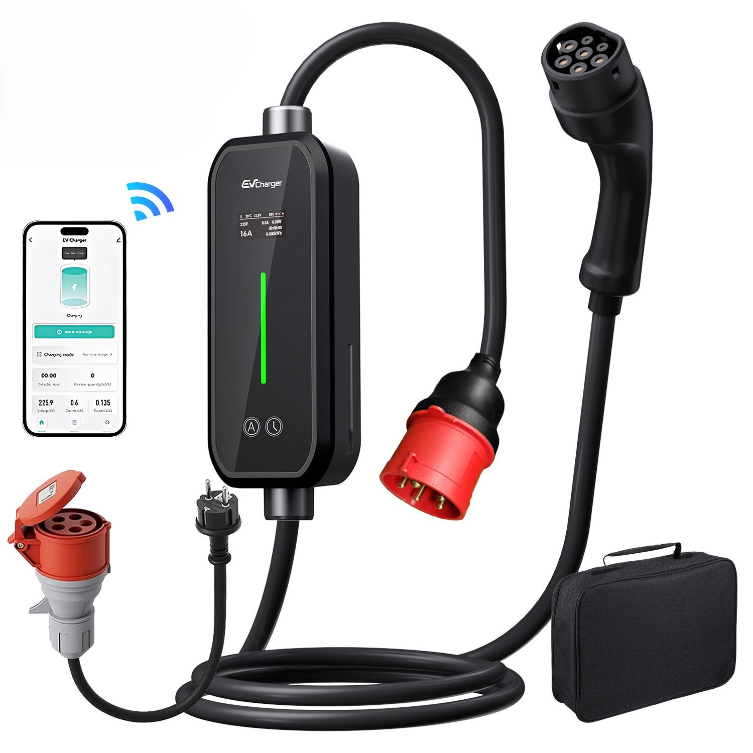 Junsun Mobilna Ładowarka EV 11kW 16A 3-Fazy 6m WiFi Aplikacja Zestaw z Adapterem 3.5kW Schuko Torba Regulacja Prądu Harmonogram