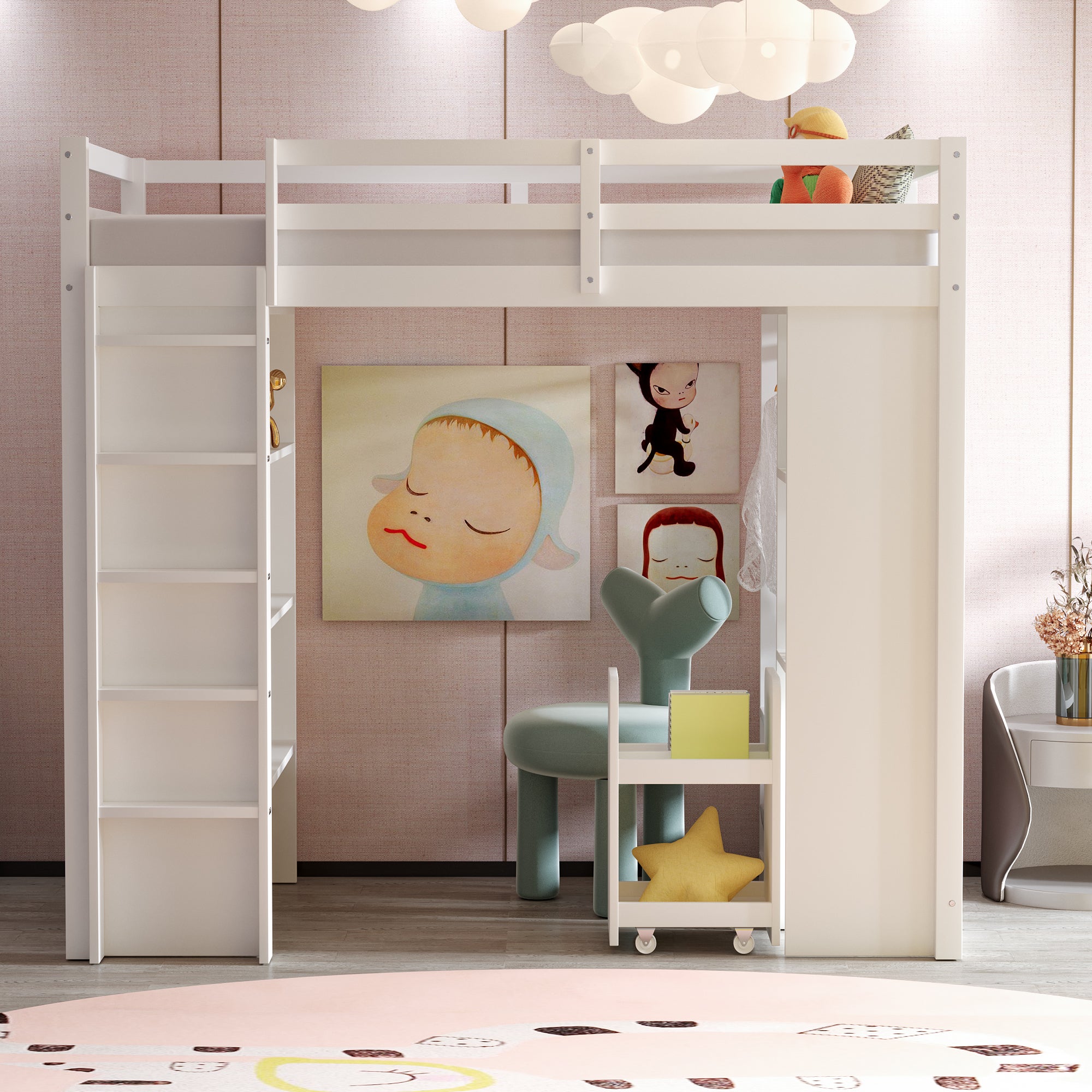 Letto a soppalco per bambini 90x200 cm, con ripiani multilivello, con 1 carrello organizer rimovibile, letto per ragazzi, letto singolo, bianco - 3