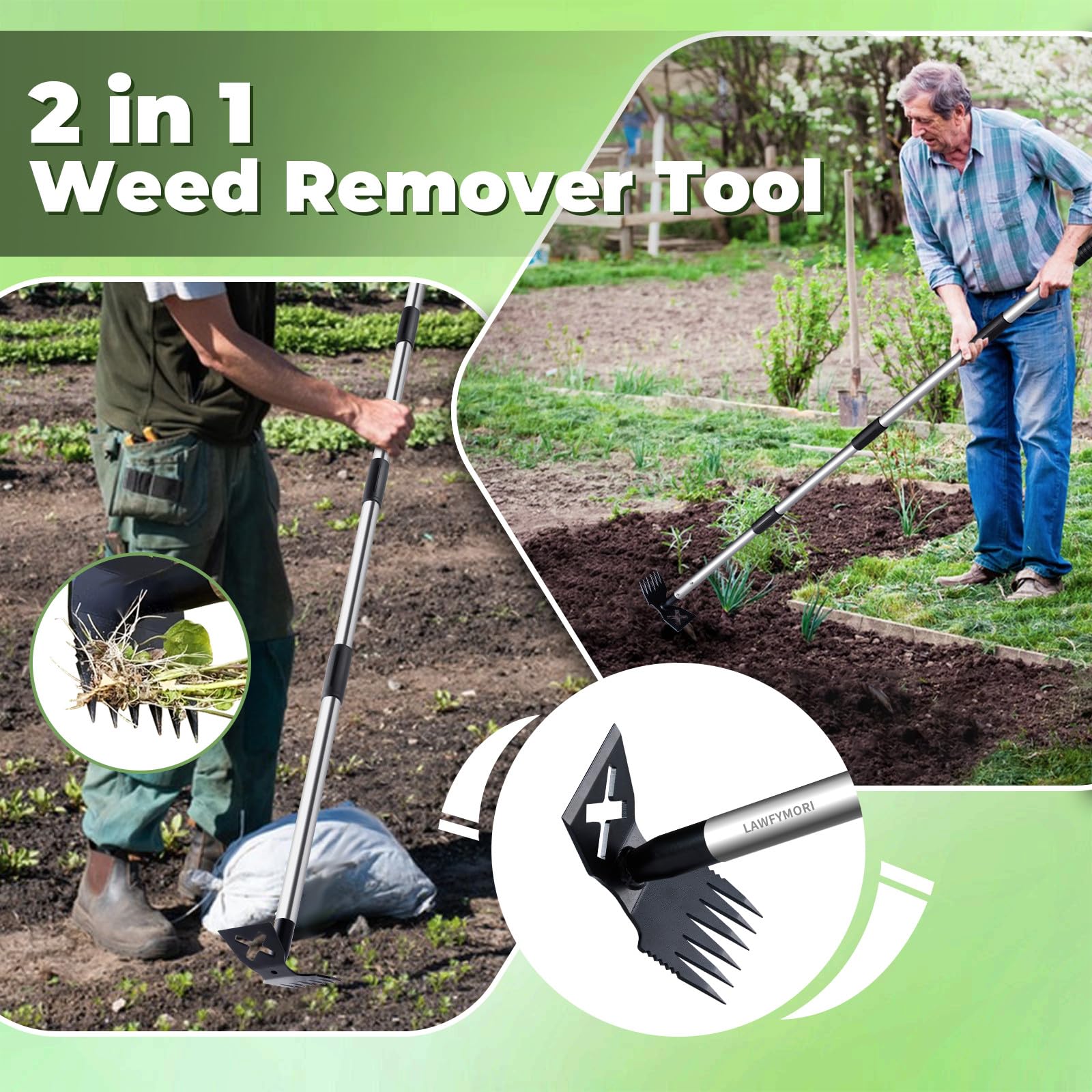 Extracteur de mauvaises herbes avec long manche de 150 cm, outil de jardinage mal 2 en 1, râteau et binette de jardin, traction de désherbage - 2