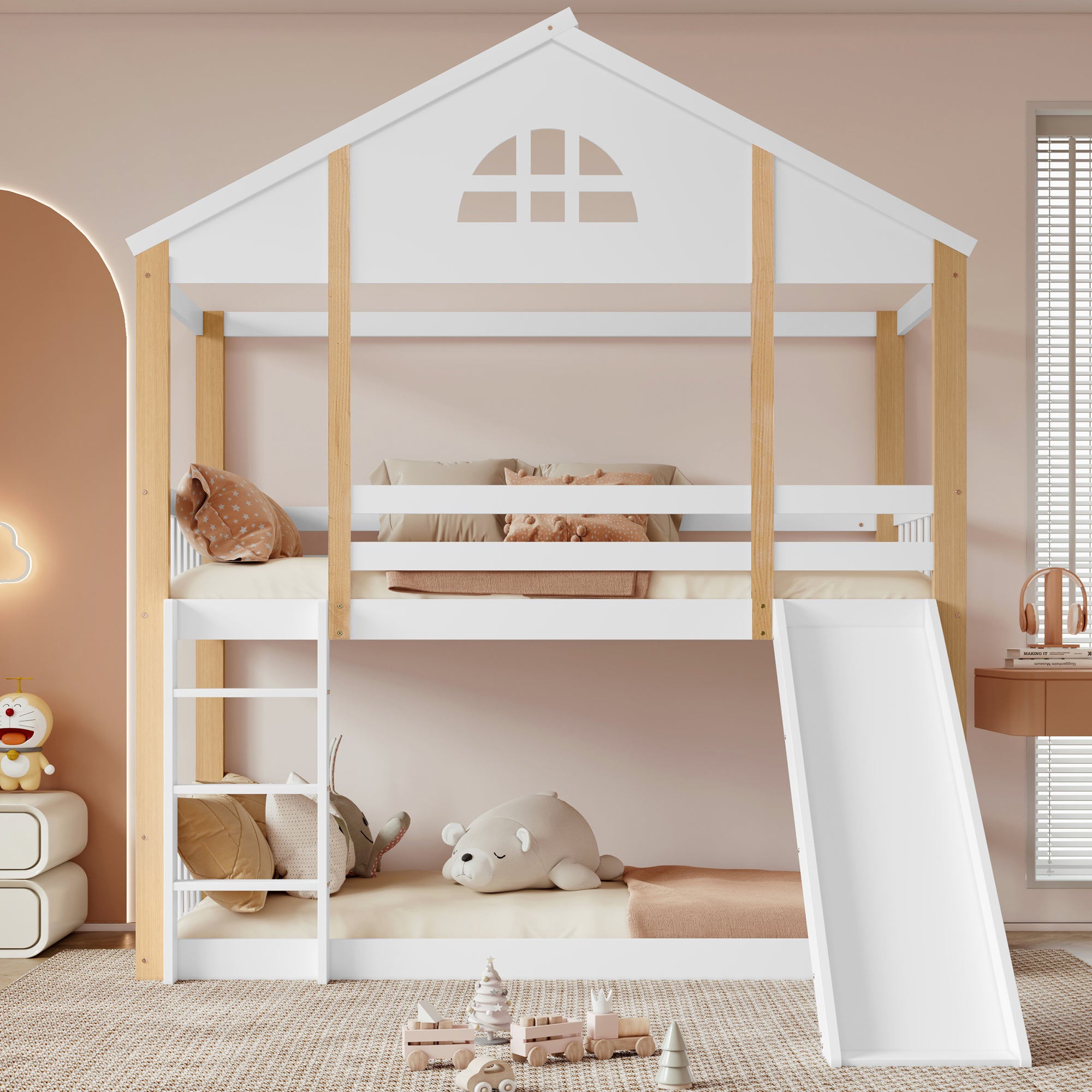 Lit superposé 90 x 200 cm pour enfant, lit mezzanine cabane en bois avec fenêtres et glissière d'angle, toboggan et clôtures (sans matelas) - 5
