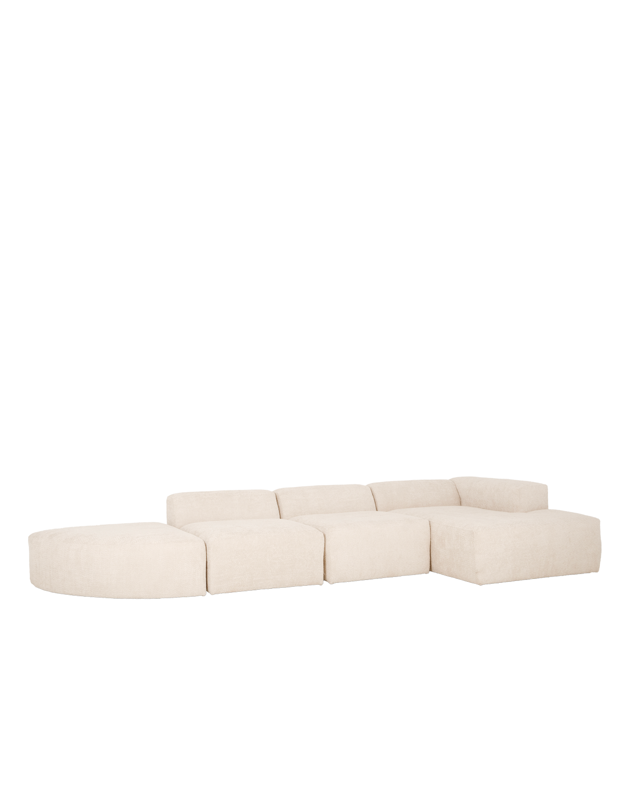 Sofá de 4 módulos curvo con chaise longue derecho bouclé blanco 410x70x172cm