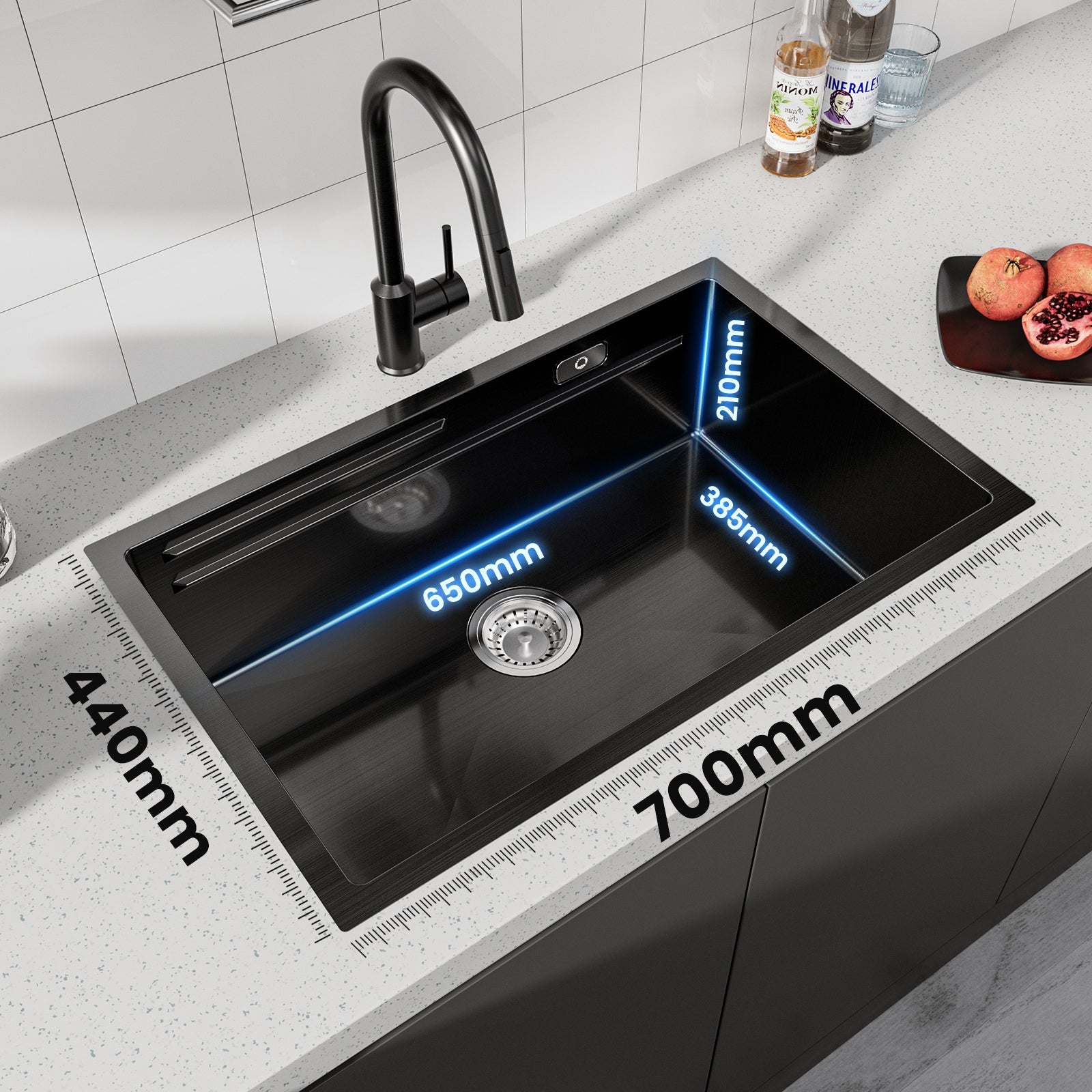 Évier Cuisine 1 Bac 70×44×21CM INOX Trop Plein Évier à Encastrer, avec Egouttoir et Vasque, Noir, EU Modèle - 6