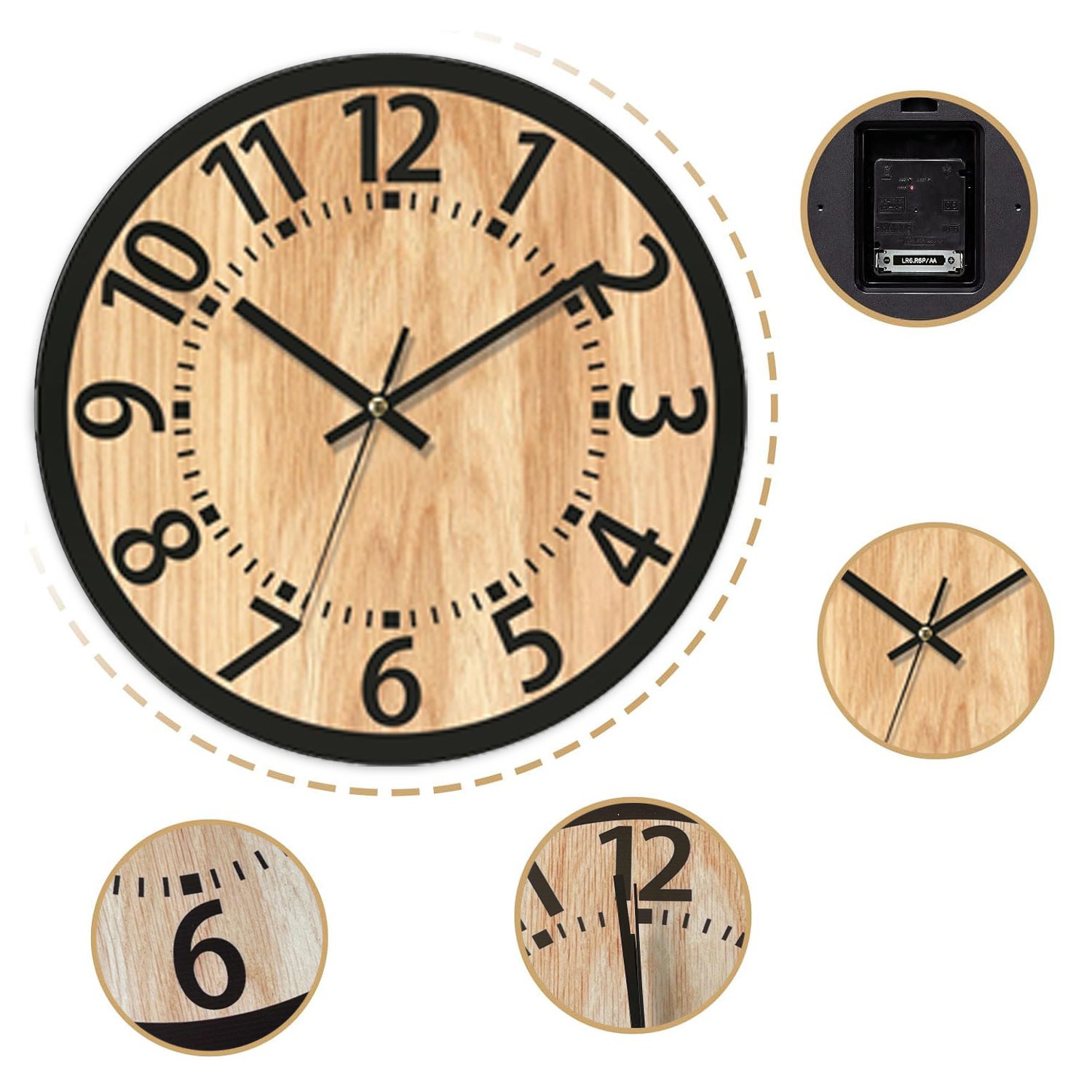 Reloj de pared de madera 34x34 cm, diseño minimalista, silencioso y elegante para salón y oficina - 7