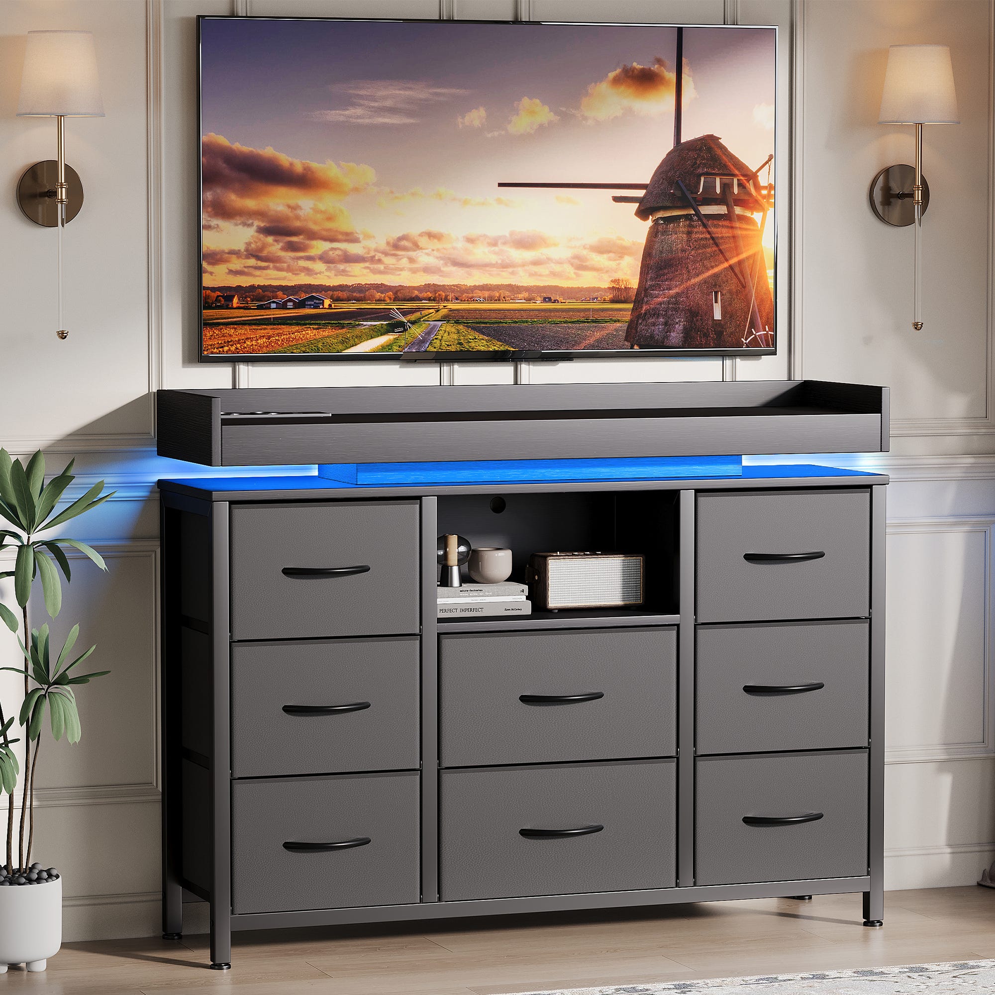 Commode à huit tiroirs avec éclairage LED et prise électrique ...