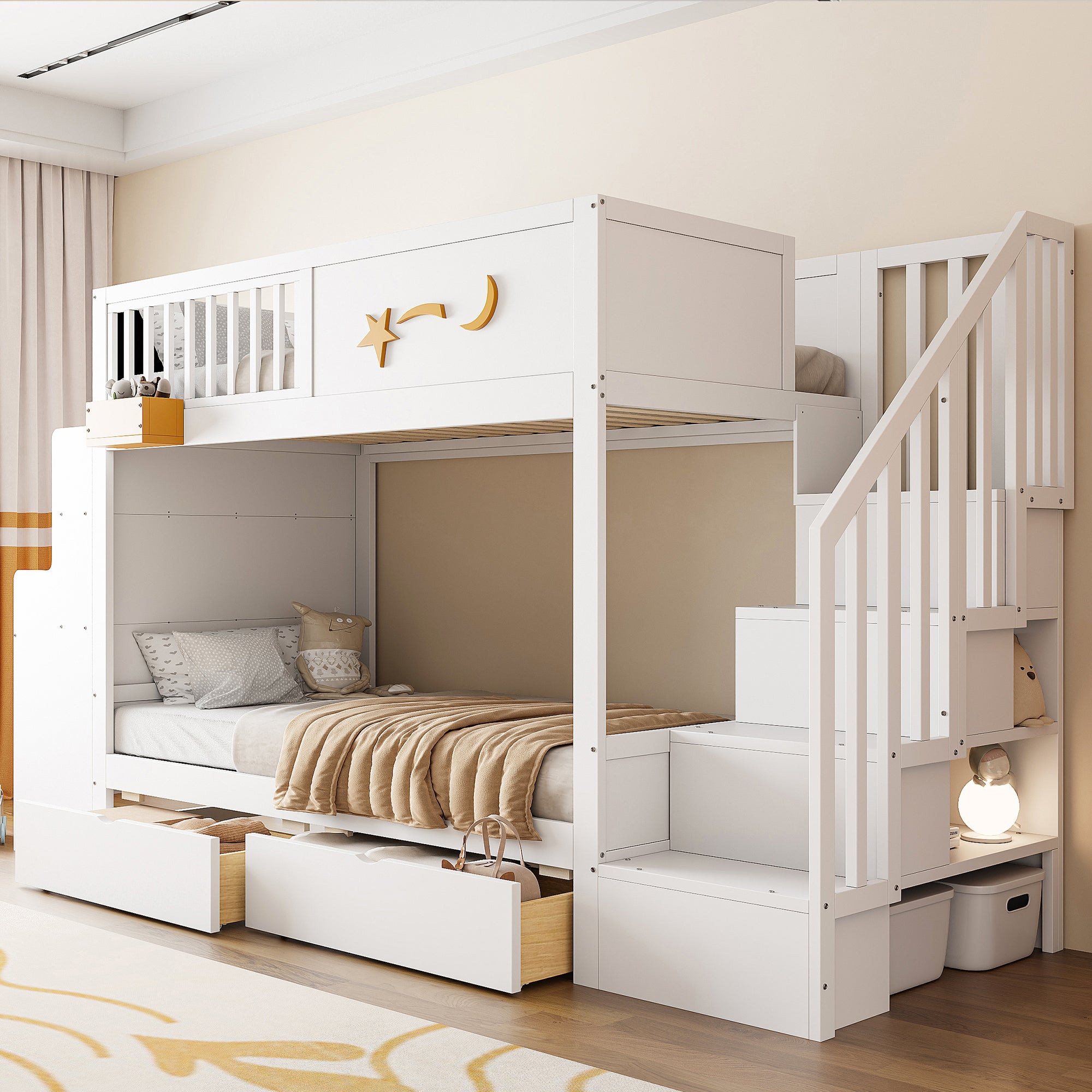 Łóżko piętrowe z Szufladami do Przechowywania, Bezpiecznymi Schodami, Biurkiem i Motywem Gwiazd, 90x200 cm, Rama z Litego Drewna Sosnowego, Białe