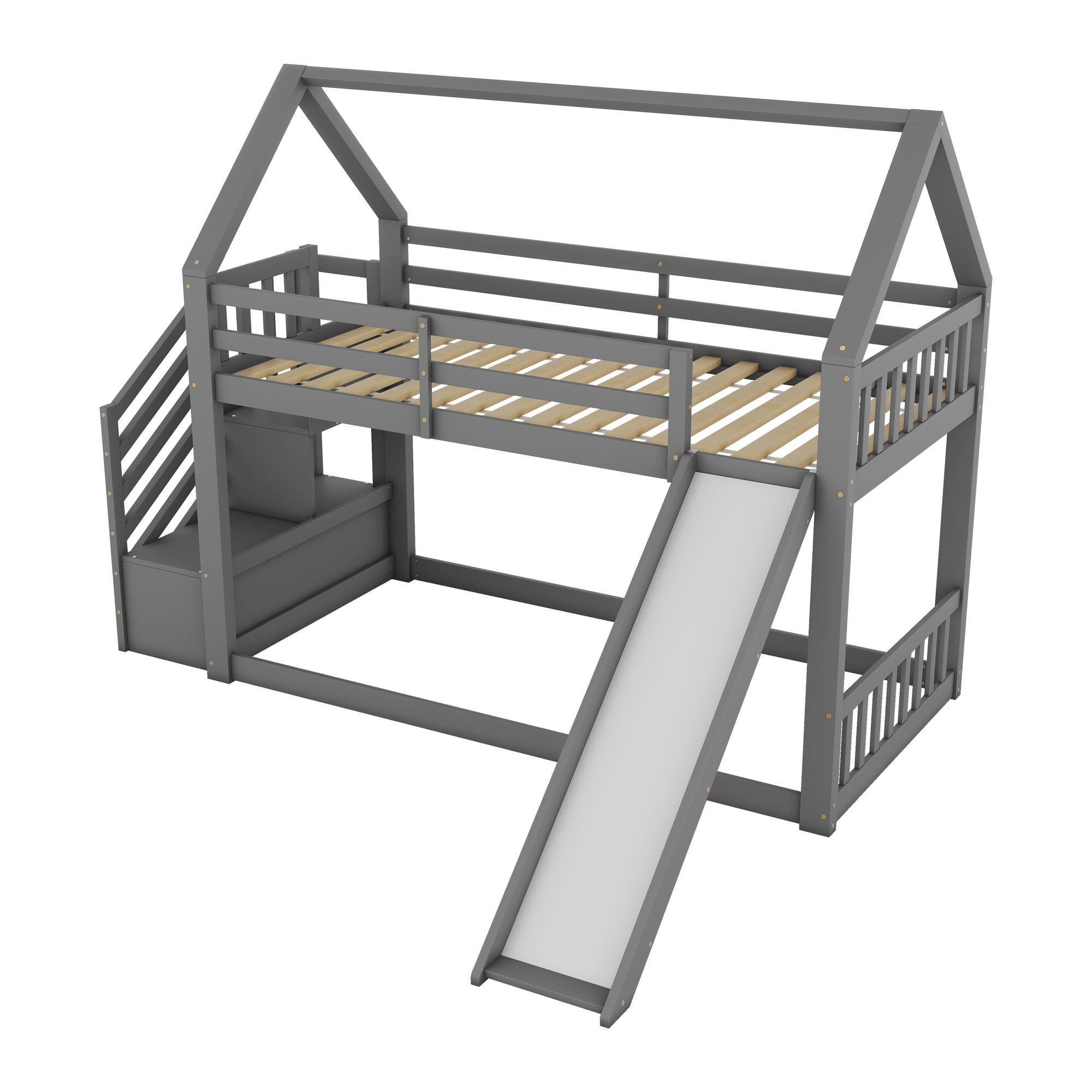Lit Superposé Enfant 90x200 Cm Avec Toboggan Et Escalier Rangement - Structure Pin Et MDF, Gris/blanc, Toboggan Gauche/droite
