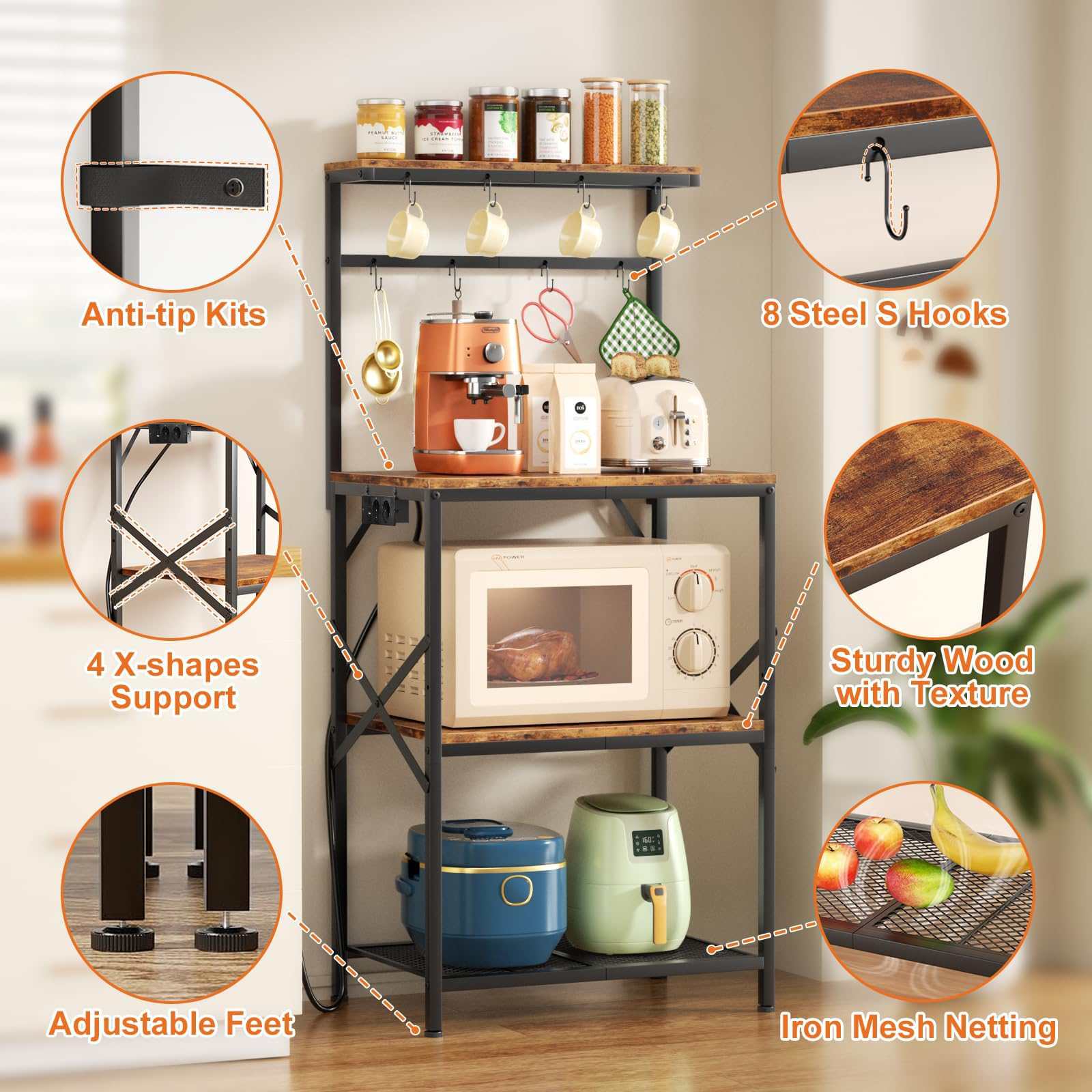 Étagère de cuisine industrielle réglable avec prises électriques rangement micro-ondes café grande capacité stable multifonction - 3