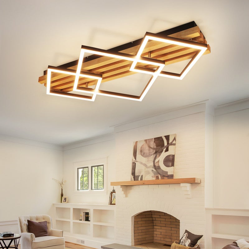 Drewniana lampa sufitowa LED NETTLIFE: 70 cm, ściemnialna, nowoczesna, 46 W, czarny kwadrat. Do salonu, sypialni, kuchni, przedpokoju, biura.