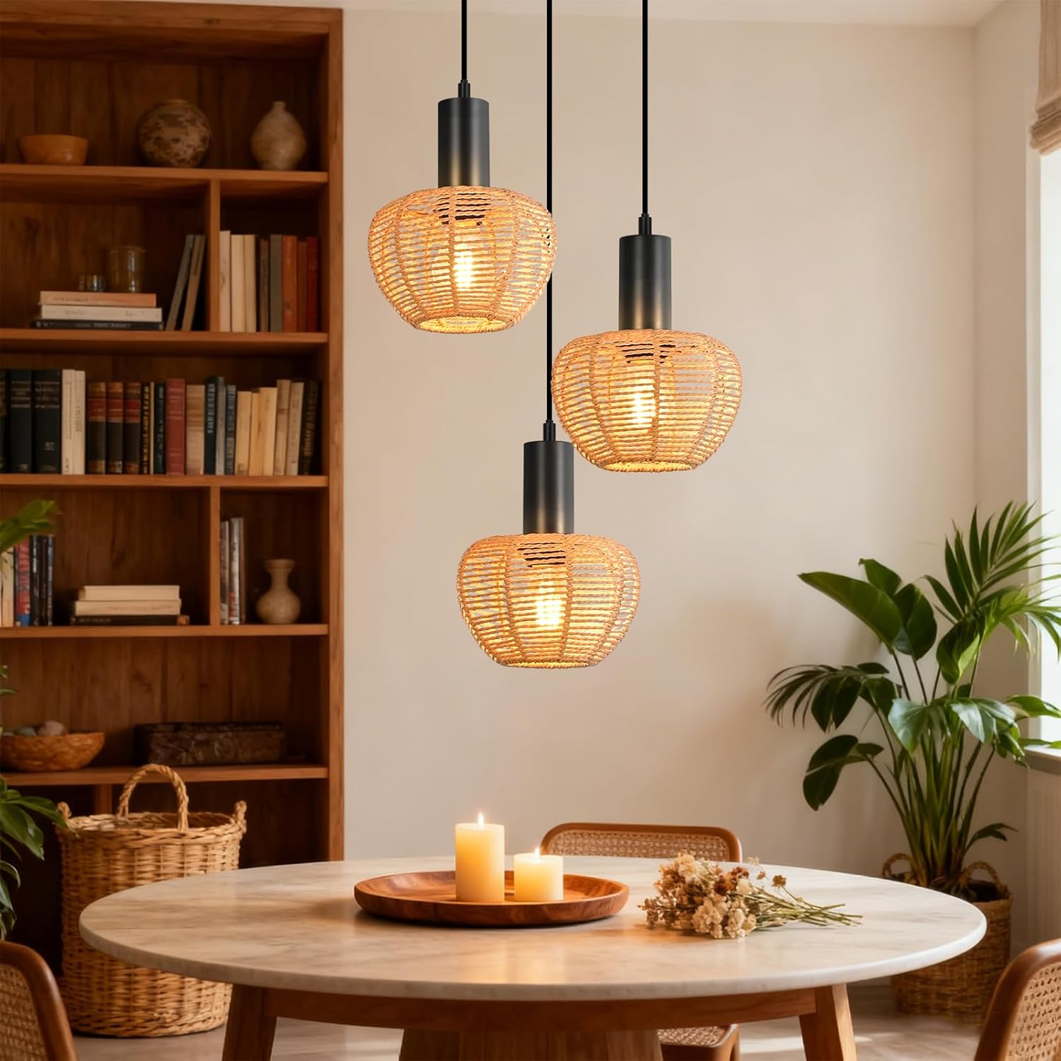 Lampa wisząca Nettlife Boho Rattan z 3 żarówkami – żyrandol z plecionej liny konopnej w stylu vintage, E27 (żarówki nie są dołączone) - 2
