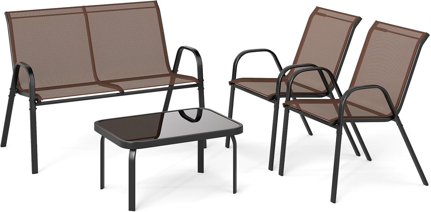 Salon de Jardin 4 Personnes Exterieur, 4 Pcs Canapé Exterieur avec Table Basse en Verre Trempée, 2 Fauteuils, pour Terrasse,Balcon (Brun) - 7