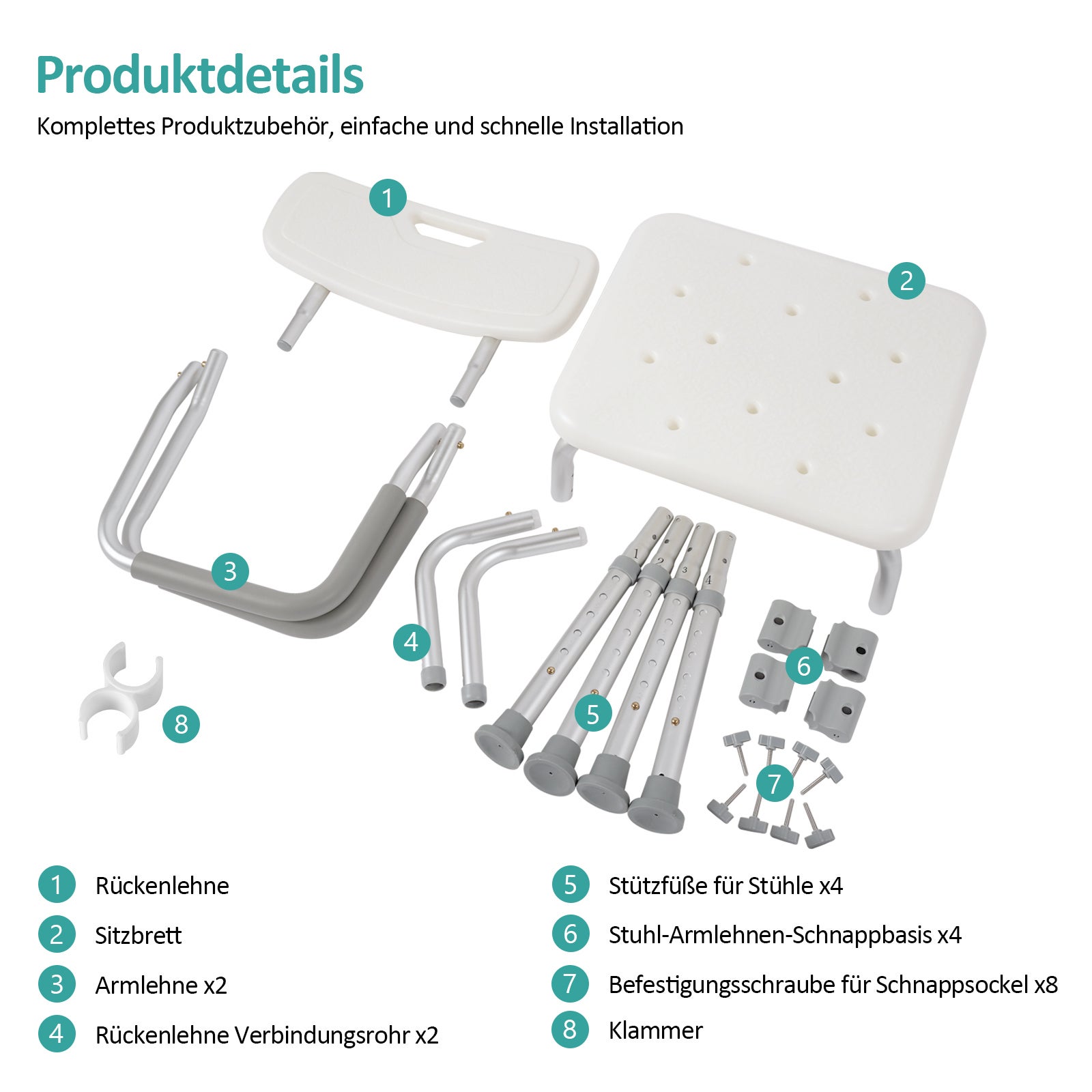 EMKE Sedia da doccia con schienale e braccioli, sedile per doccia regolabile in altezza, sgabello da doccia antiscivolo, capacità 135 kg, alluminio - 5