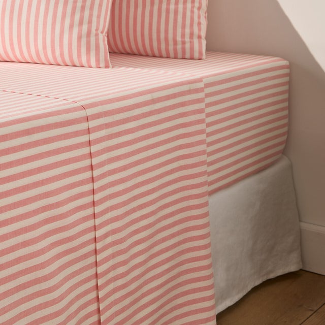 Drap plat en coton, Soizic corail - Rayé corail - 180 x 290 cm