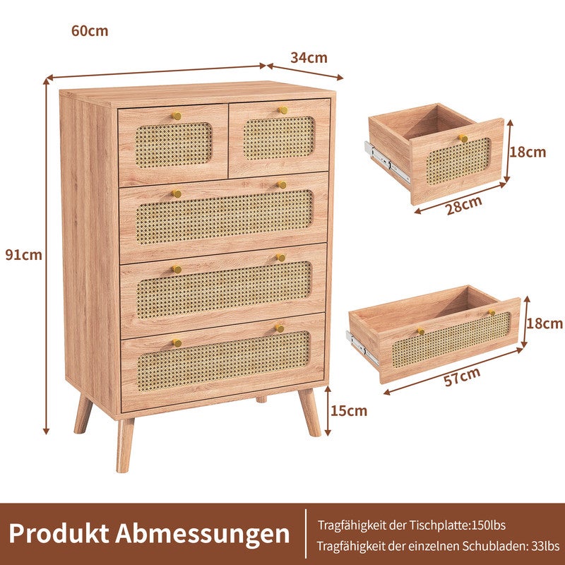 Commode à 5 tiroirs, structure en bois, finition rotin, buffet, meuble de rangement, couleur bois naturel - 4