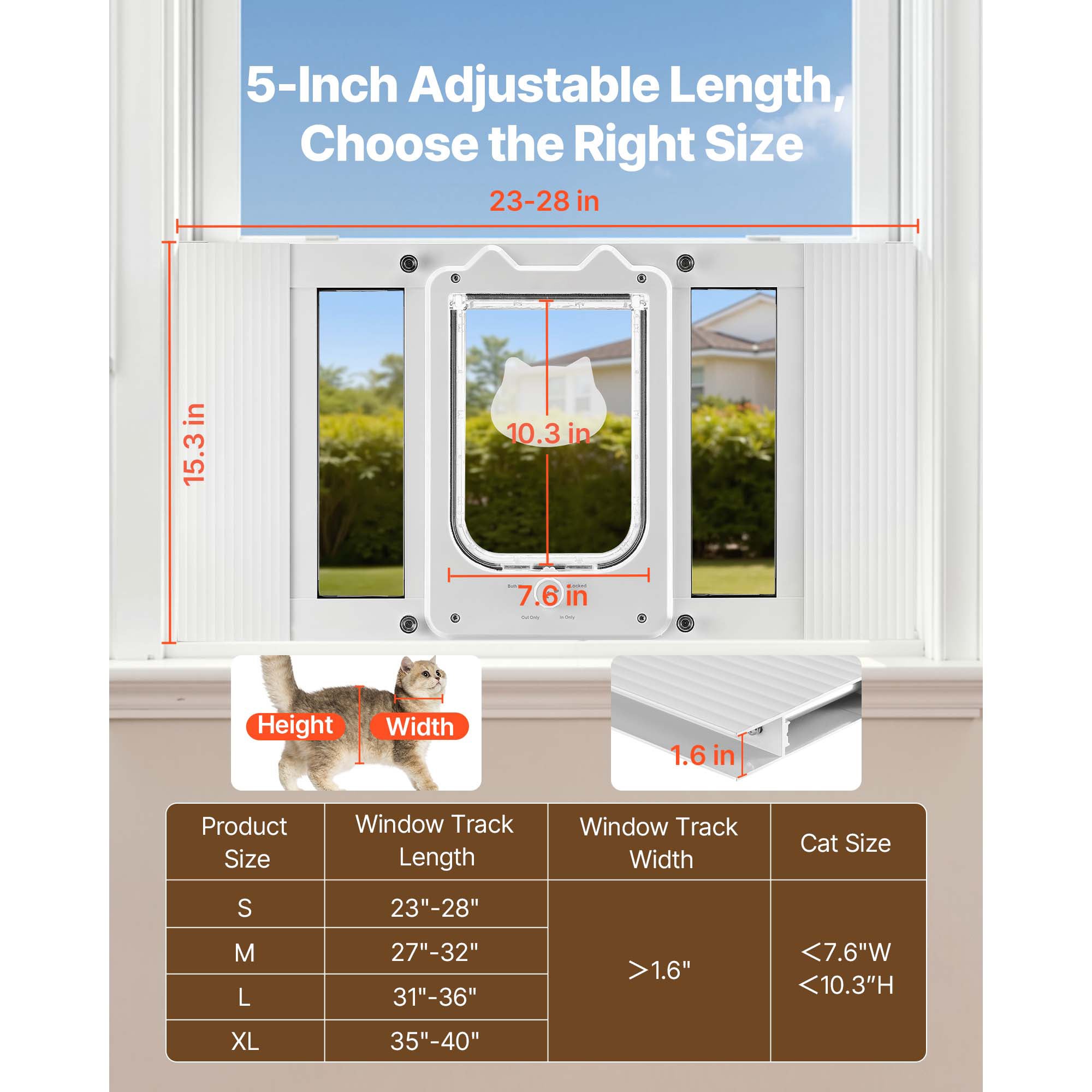 Porta para gatos com janela SucceBuy ajustável 58,4-71,1 cm, porta para gatos 4 vias de fecho, moldura de alumínio, vidro transparente, branco - 2