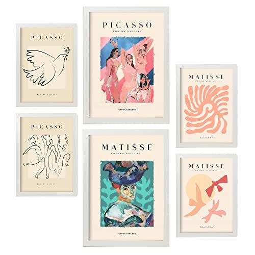 Set de 6 posters de picasso y matisse cuerpos láminas de fauvismo y surrealismo para el diseño de interiores tamaños a3 & a4 marcos blancos