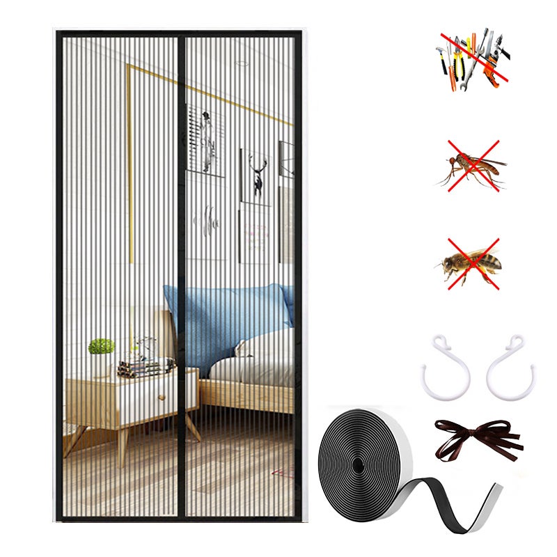 Magnetyczna moskitiera na drzwi, zasłona na drzwi przeciw owadom z magnesami i haczykiem, czarna siatkowa zasłona działowa, 100 x 210 cm
