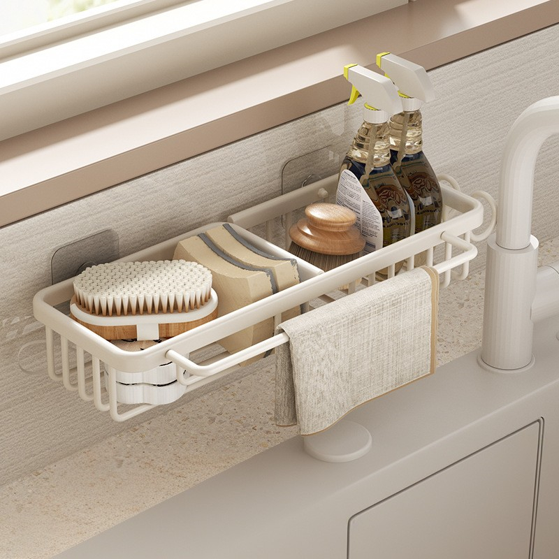 Półka kuchenna, bez wiercenia, do zlewu, 37,5×12×6 cm, do przechowywania szmatek, gąbek i ściereczek – beżowa